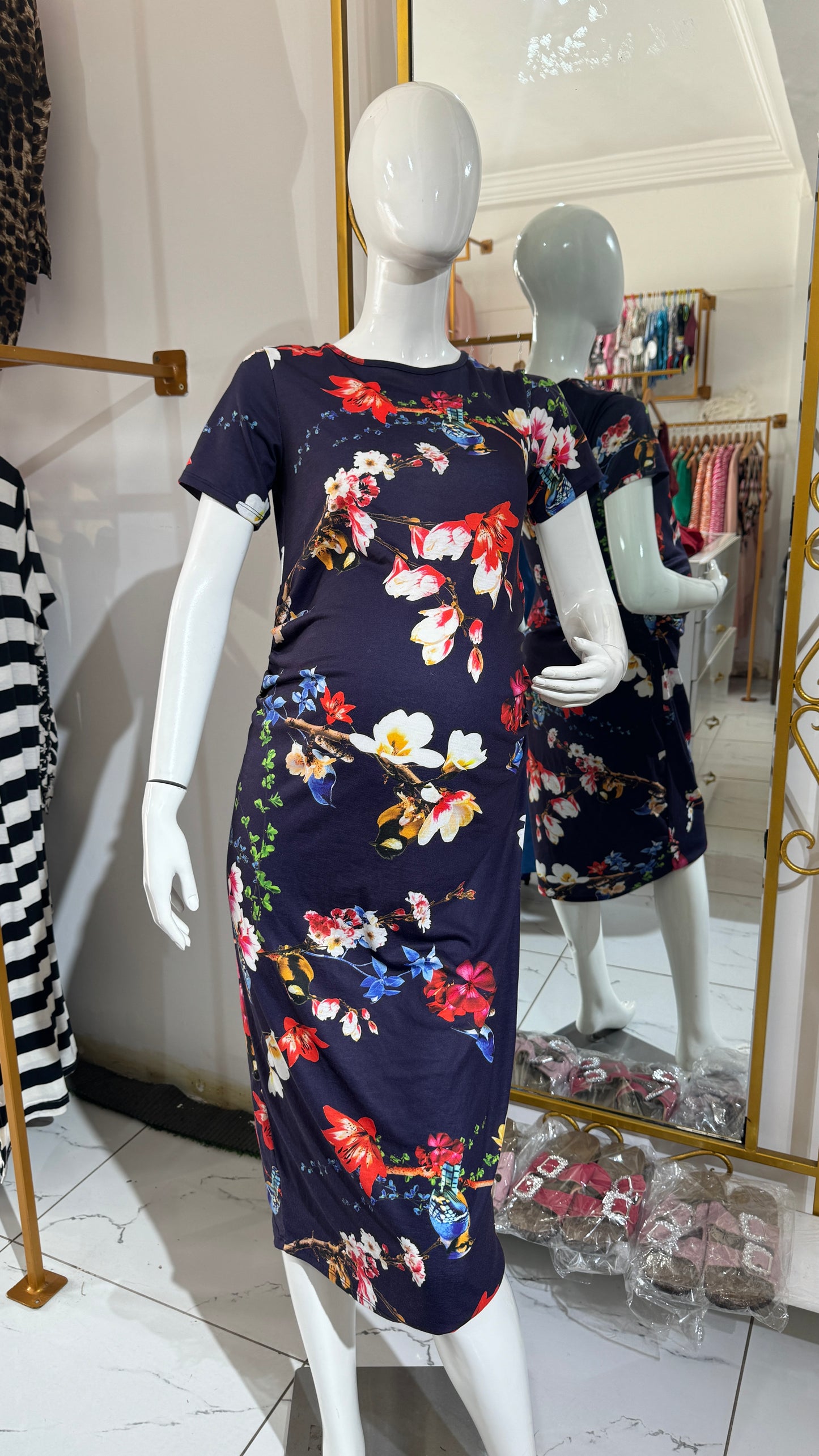 Navy Floral Maternity Bodycon Dress for Pregnant Women
