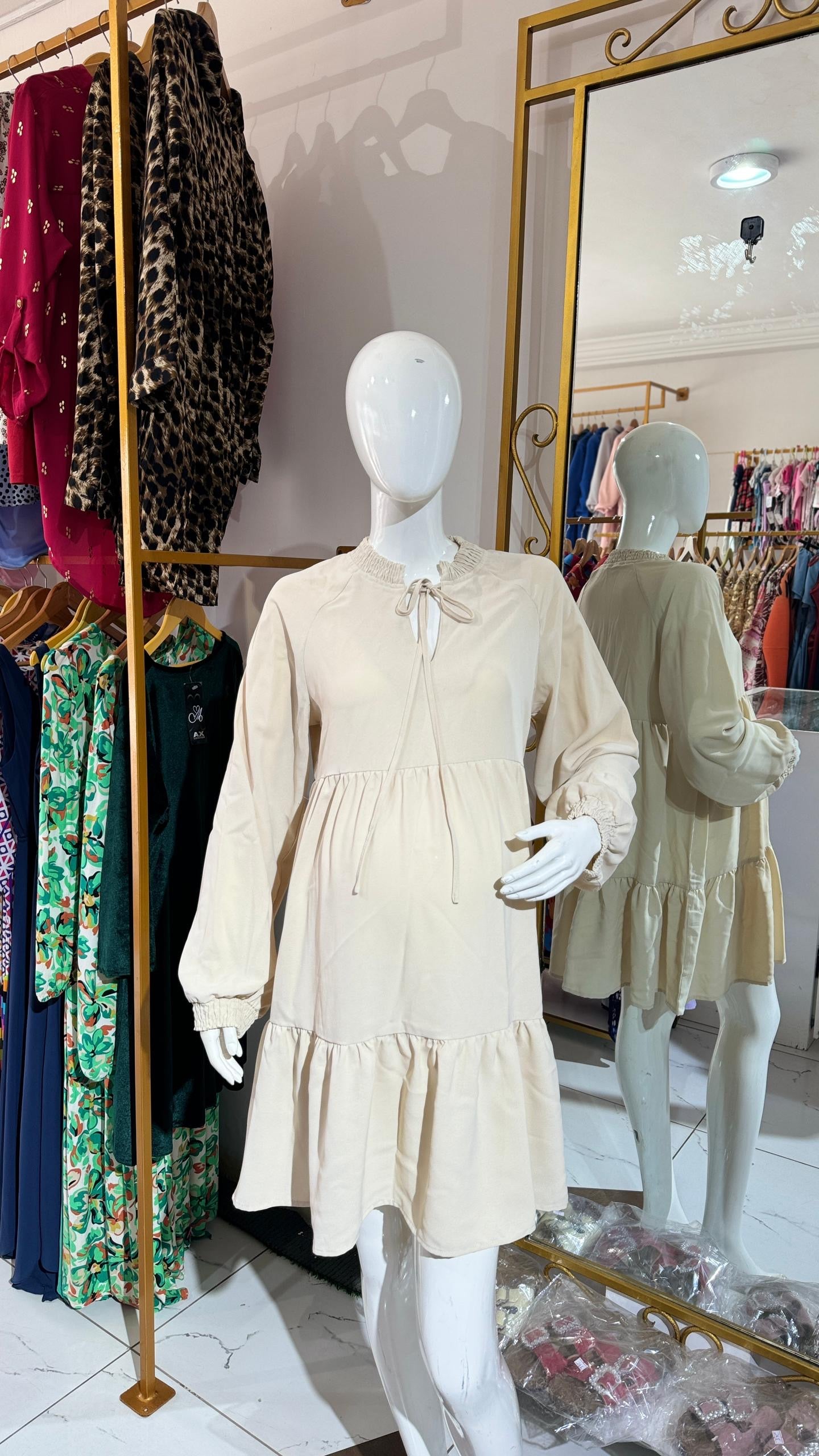 Tie Neck Long Sleeve Maternity Smock Dress
