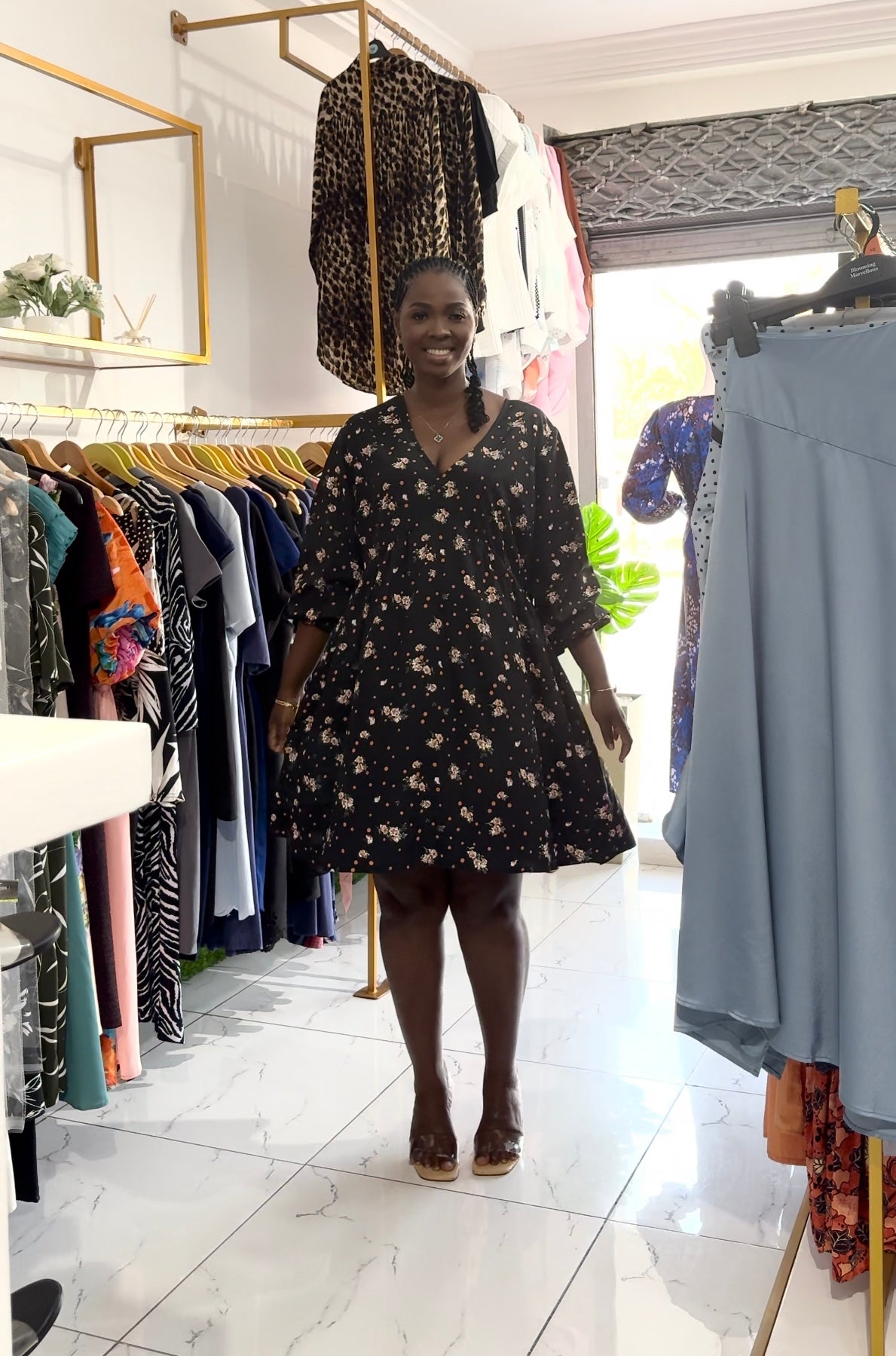 V-Neck Long Sleeve Black Floral Smock Dress