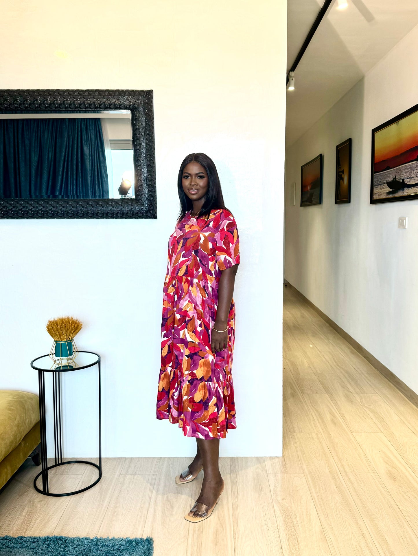 Red Floral Tiered Maternity Smock Dress