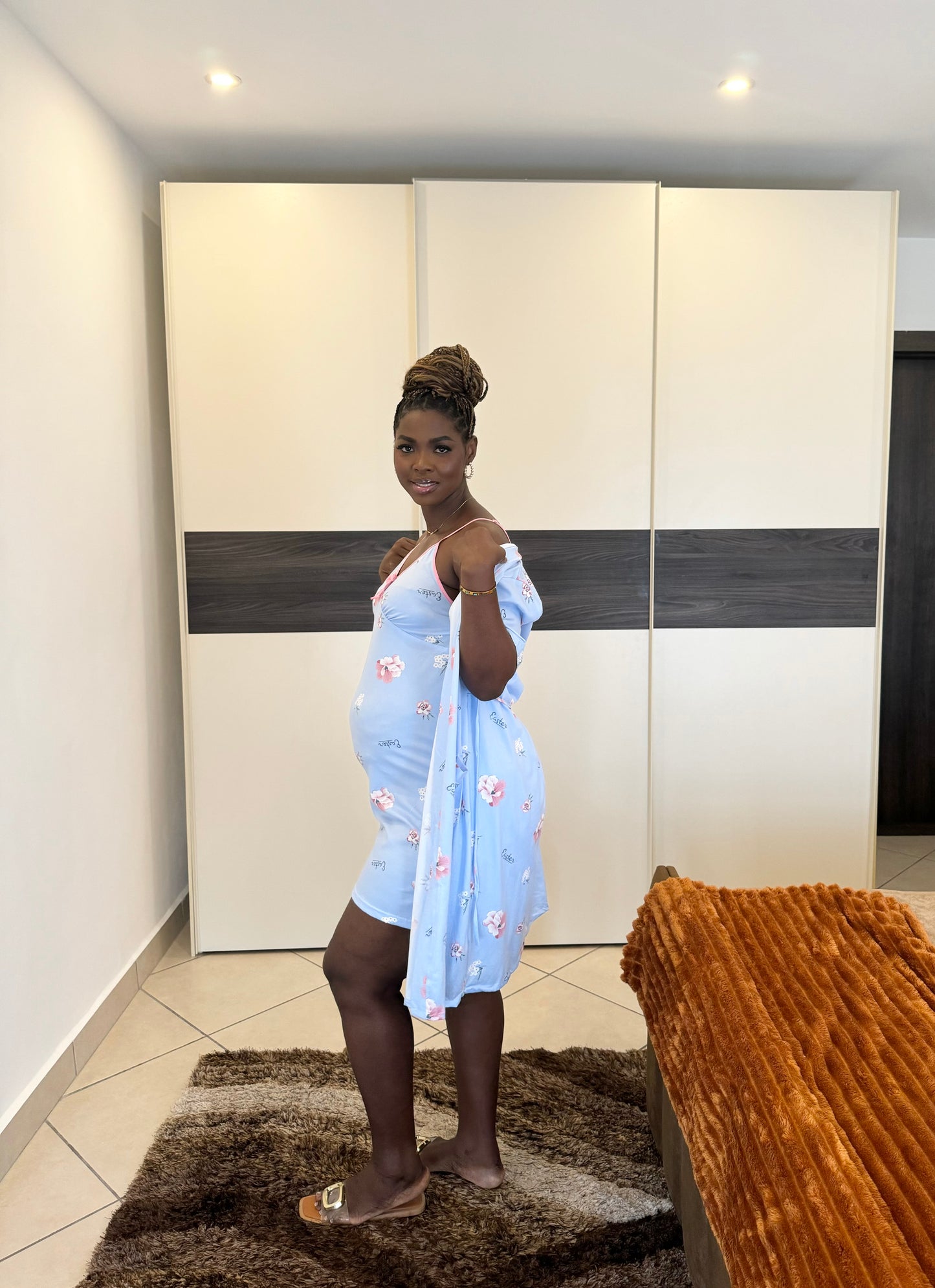 2 in 1 Blue “Easter Print” Nursing Nightgown and Robe Belted Set.