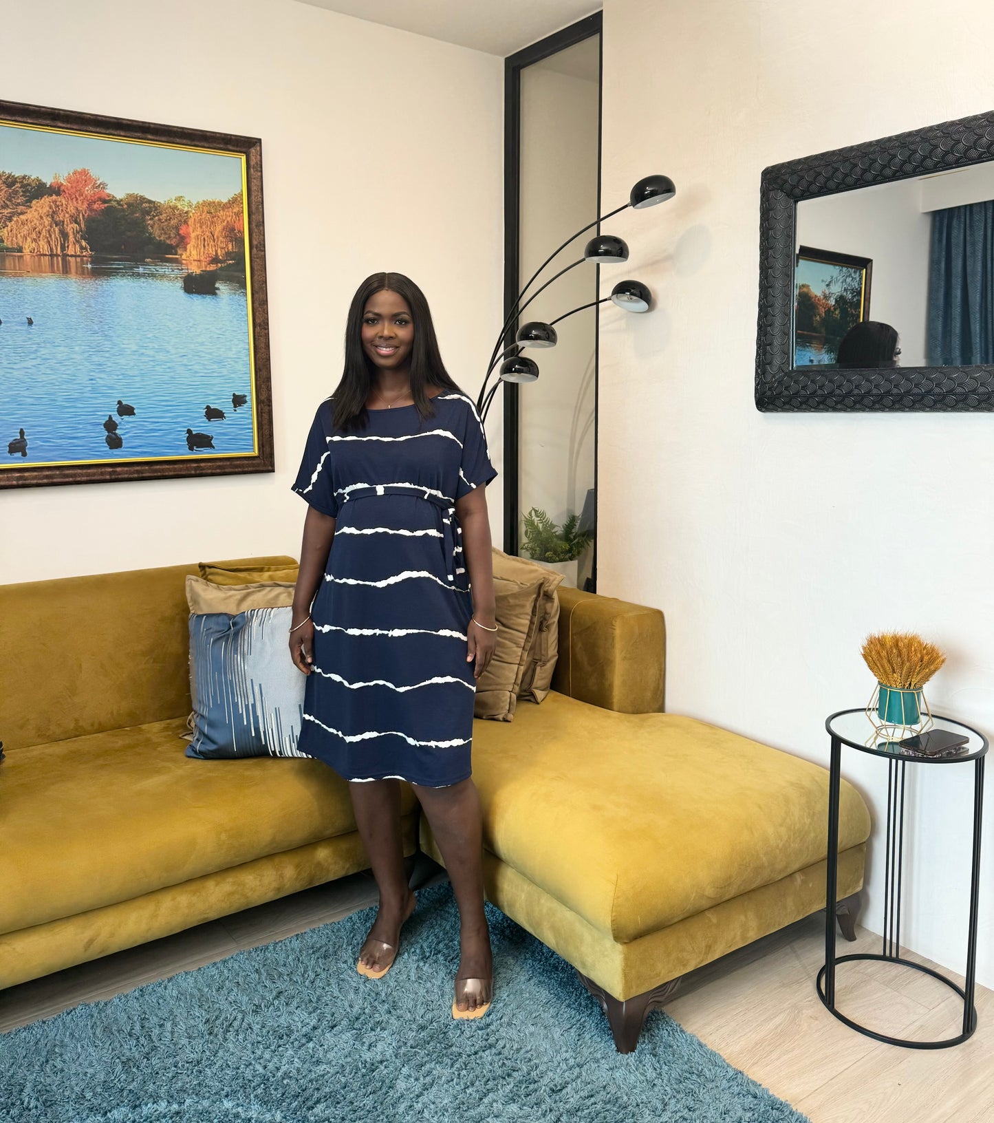Navy Tie Dye Print Belted Maternity Dress