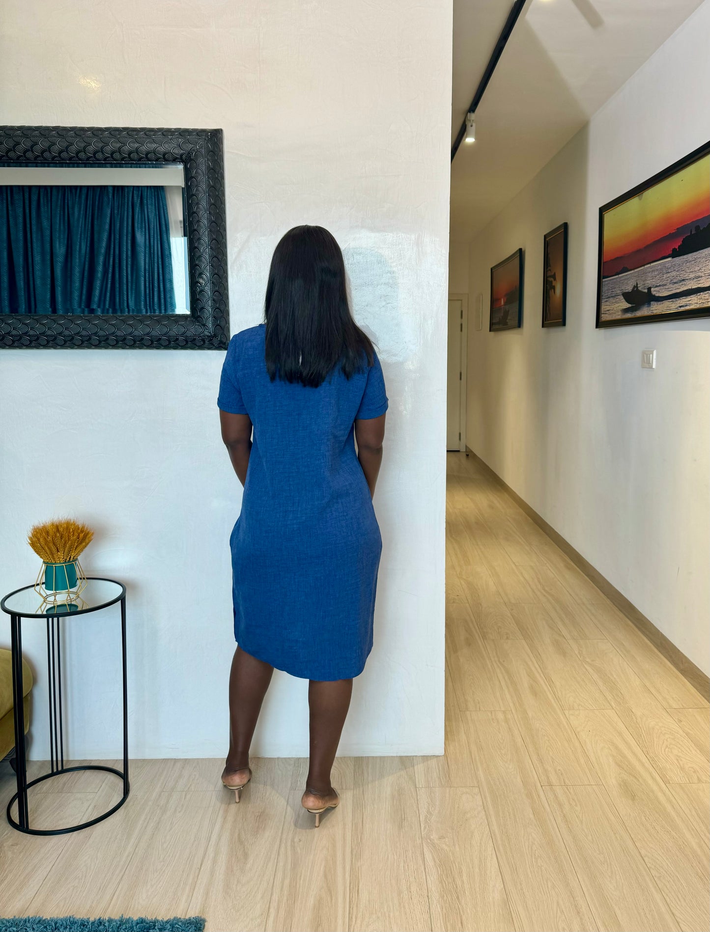 Button Hem Maternity Denim Shift Dress