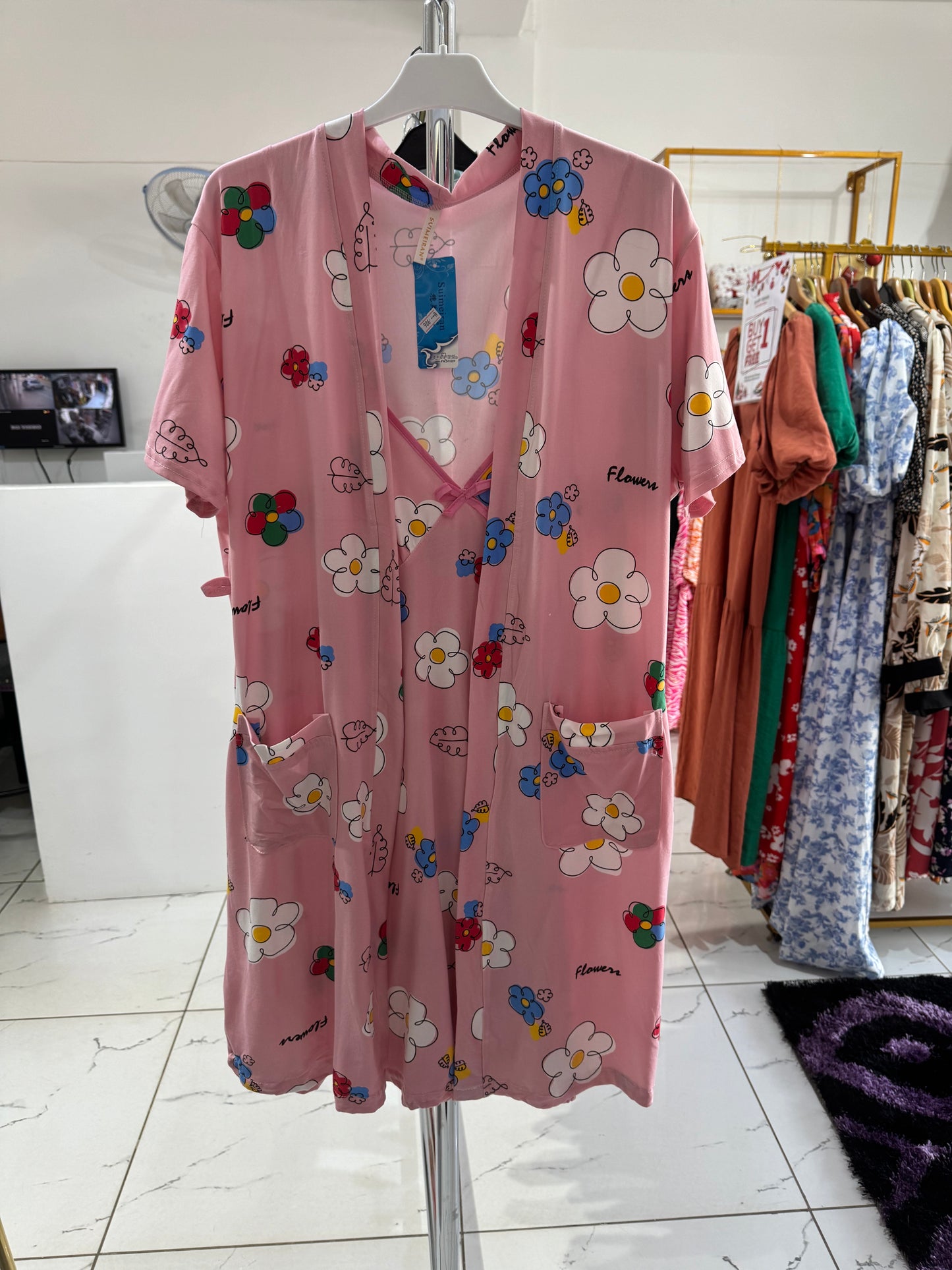 2 in 1 Pink “Daisy Flower Print” Nursing Nightgown and Robe Belted Set.