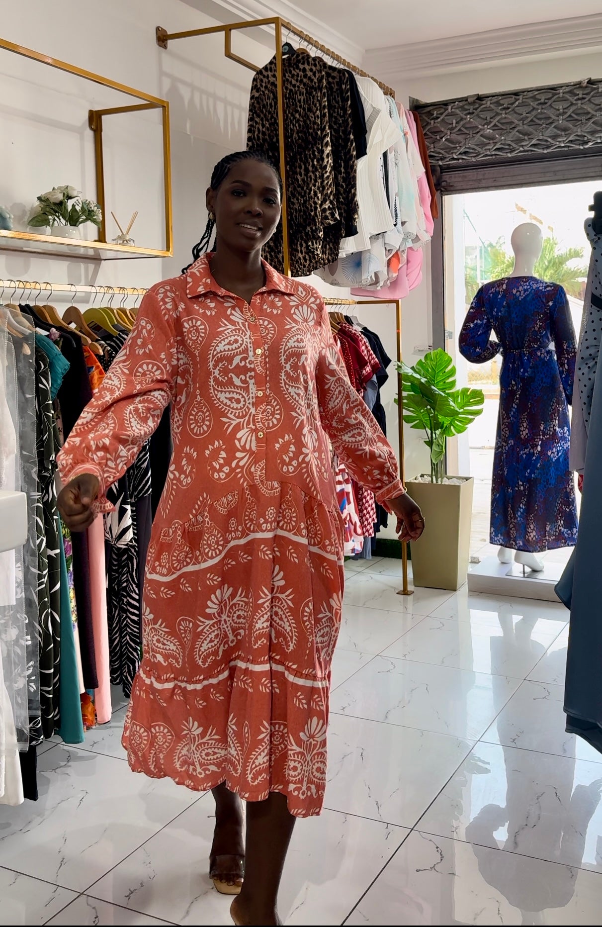 Maternity/Nursing Long Sleeve Orange Floral Maxi Smock Dress