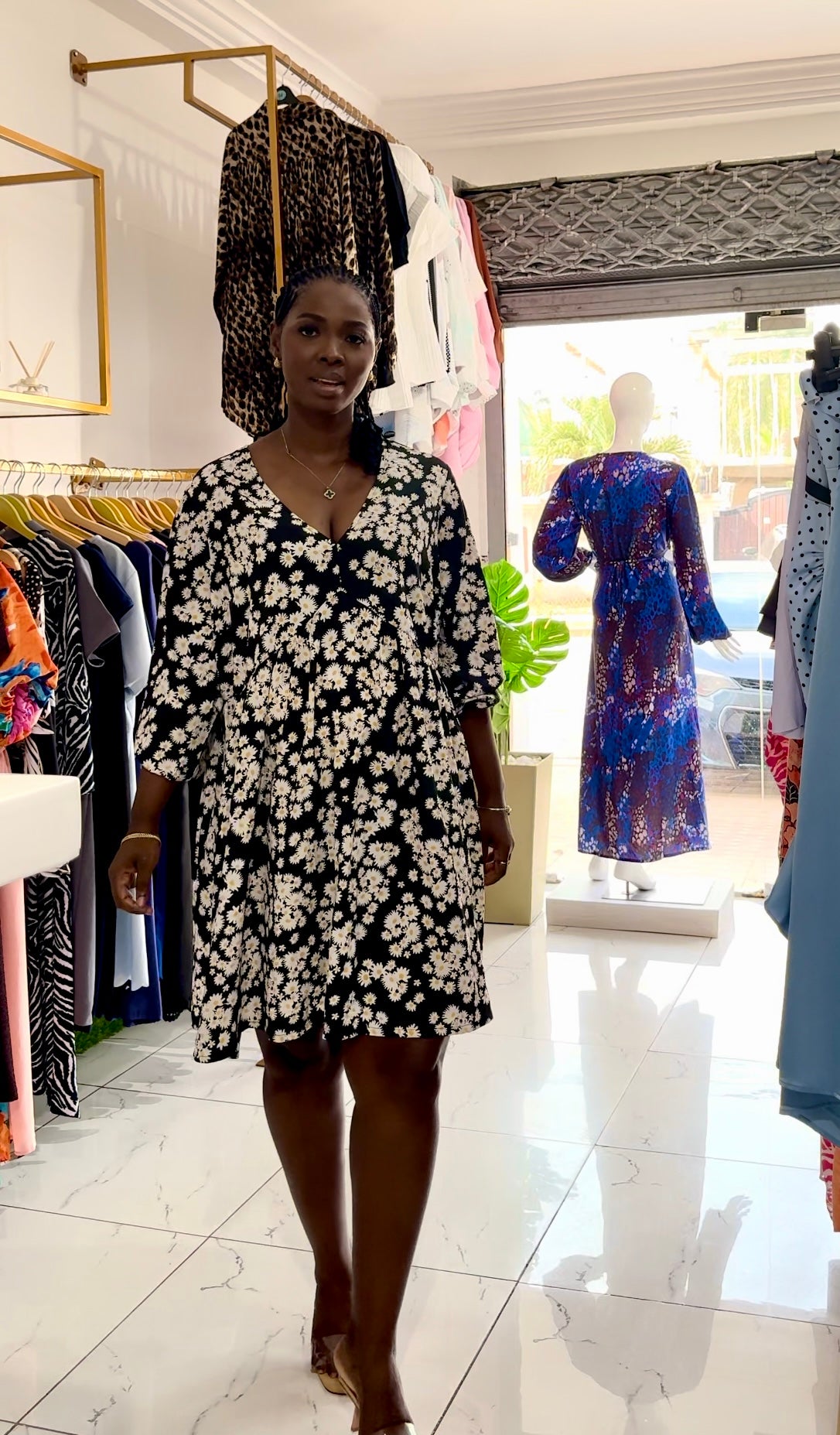 V-Neck Long Sleeve Floral Smock Dress