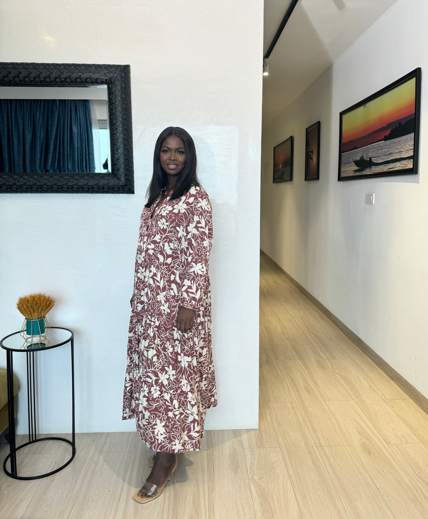Brown Floral Print Tiered Maternity/Nursing Maxi Smock Dress