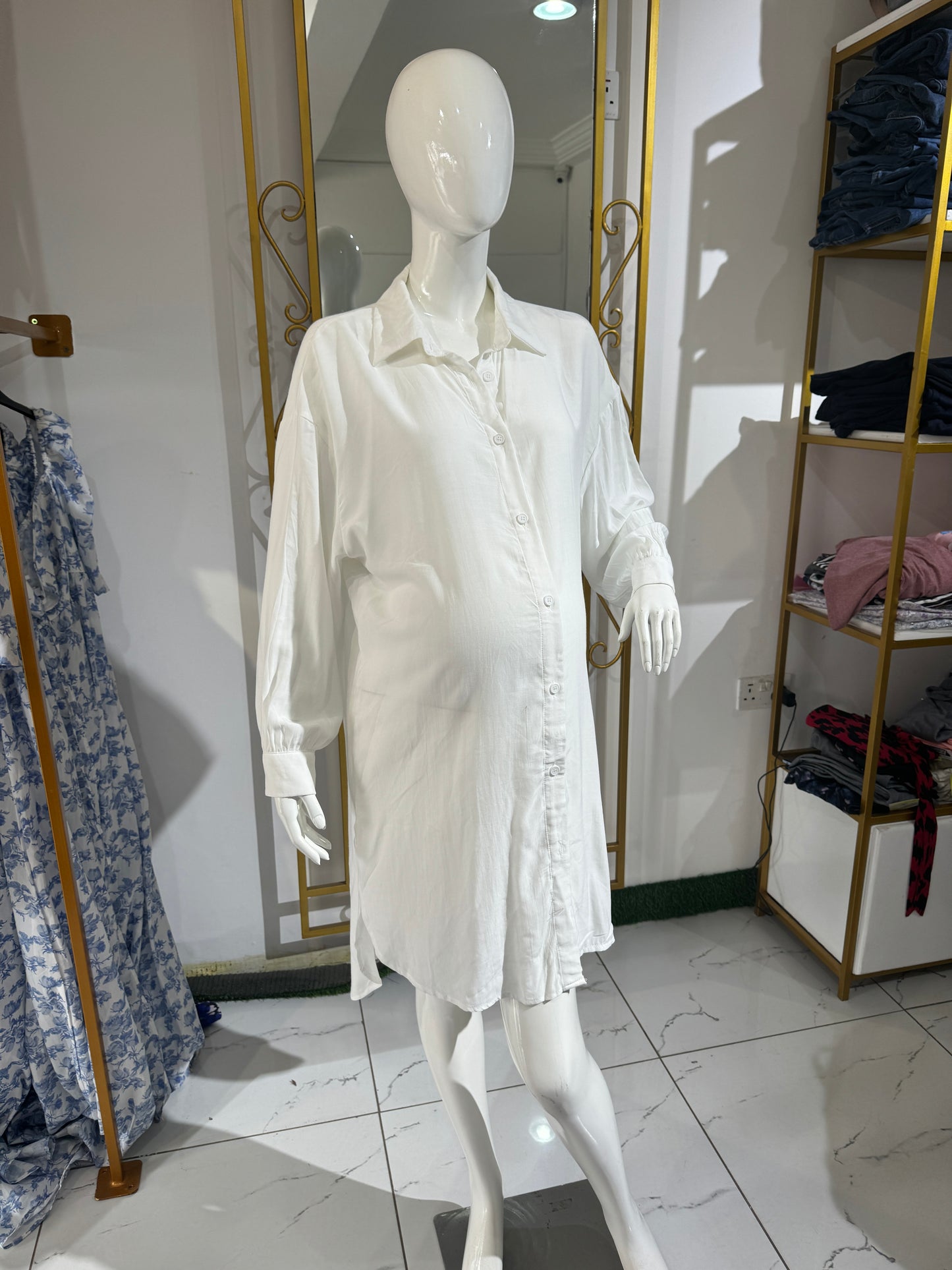 White Maternity/Nursing Midi Shirt Dress