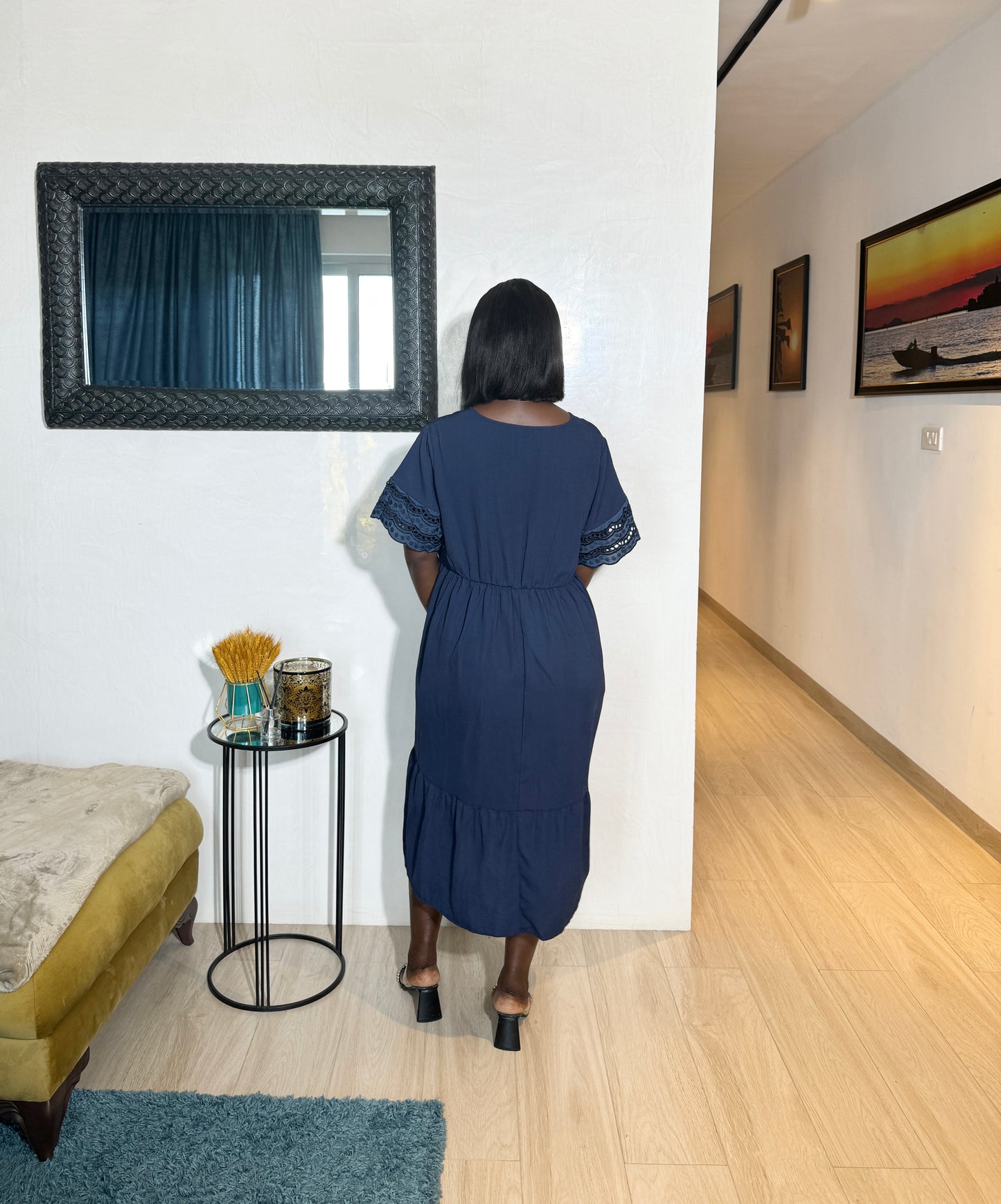 Tiered Maternity Navy Midi Smock Dress