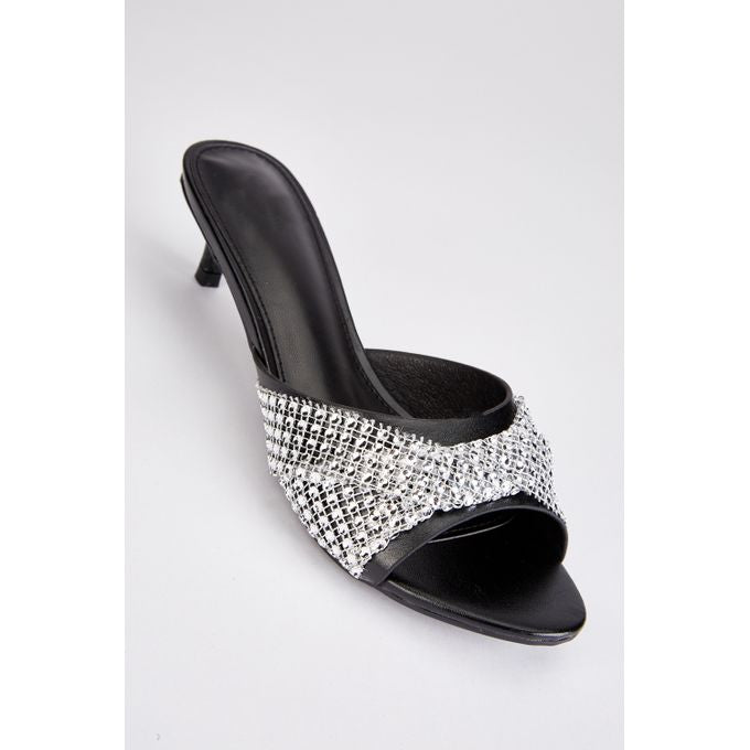 Black Encrusted Front Kitten Slide Mule Heels
