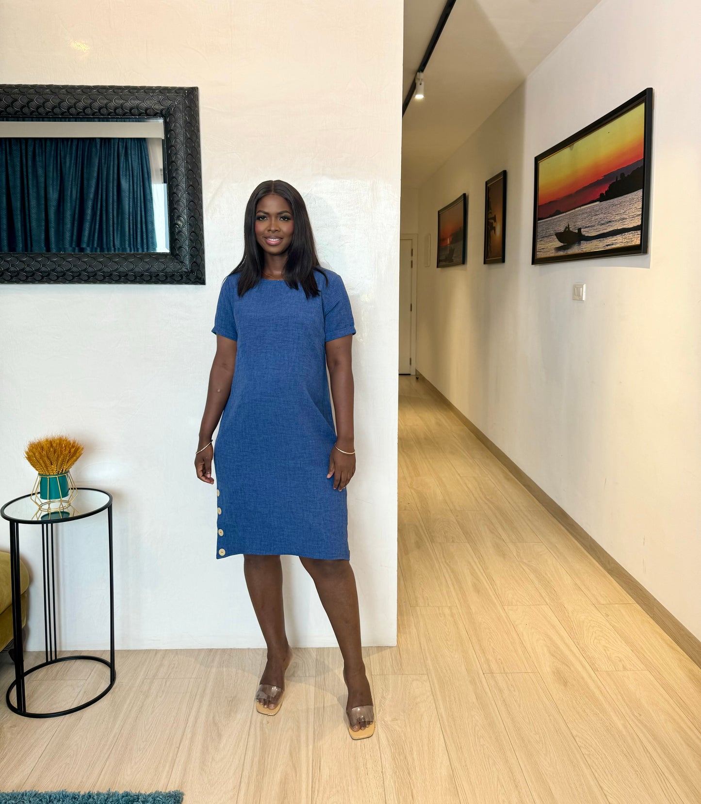 Button Hem Maternity Denim Shift Dress