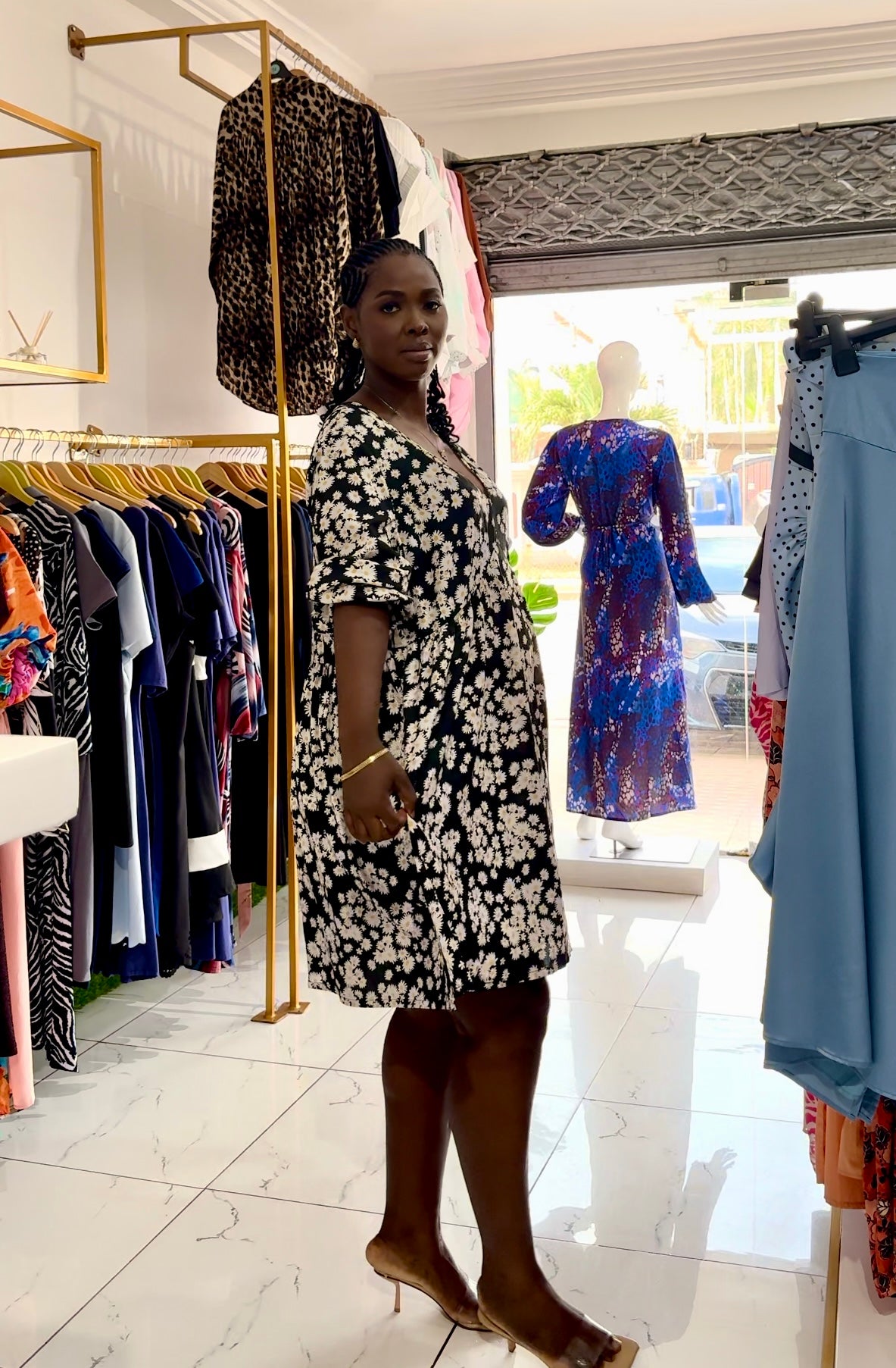 V-Neck Long Sleeve Floral Smock Dress