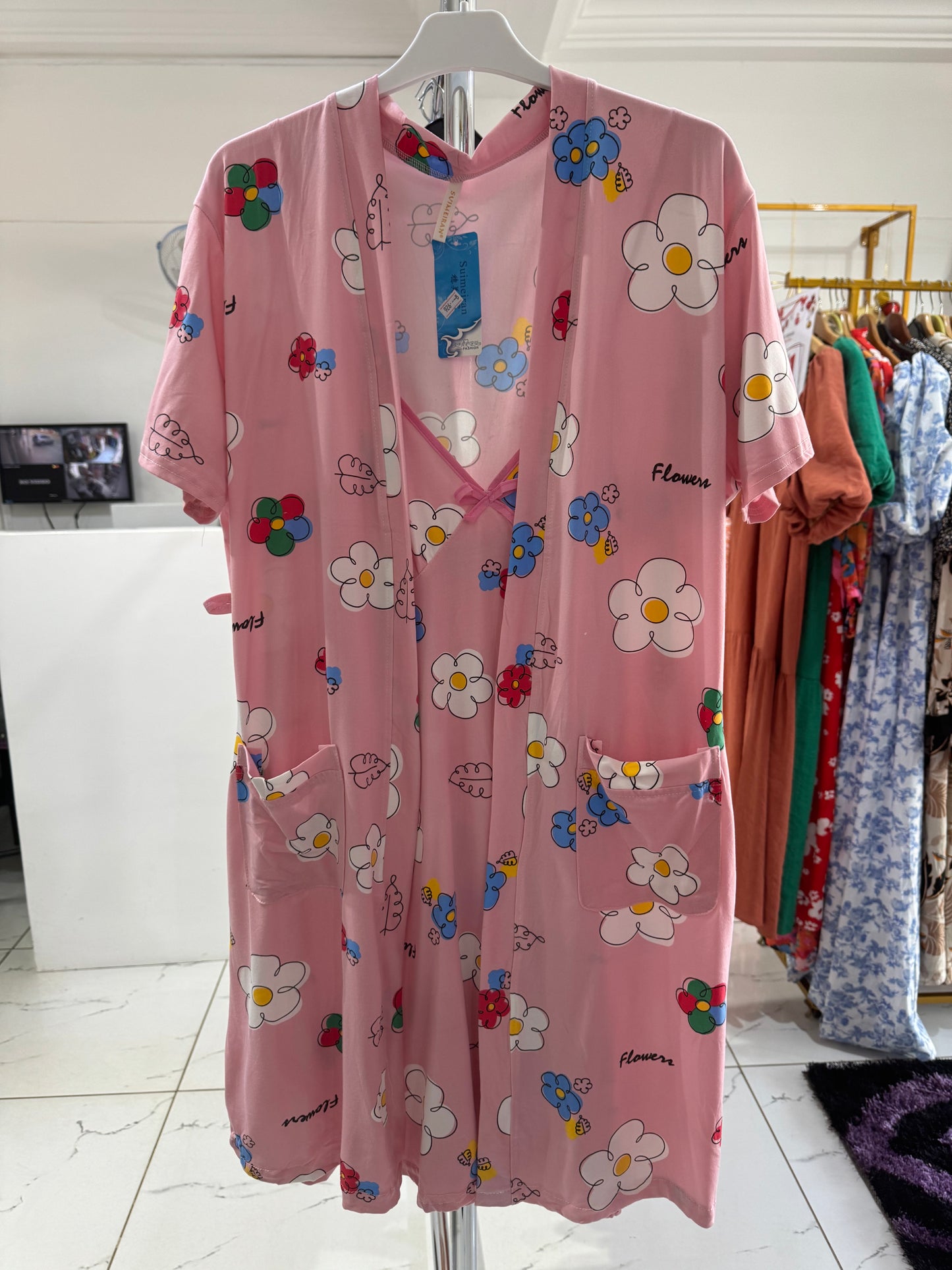 2 in 1 Pink “Daisy Flower Print” Nursing Nightgown and Robe Belted Set.