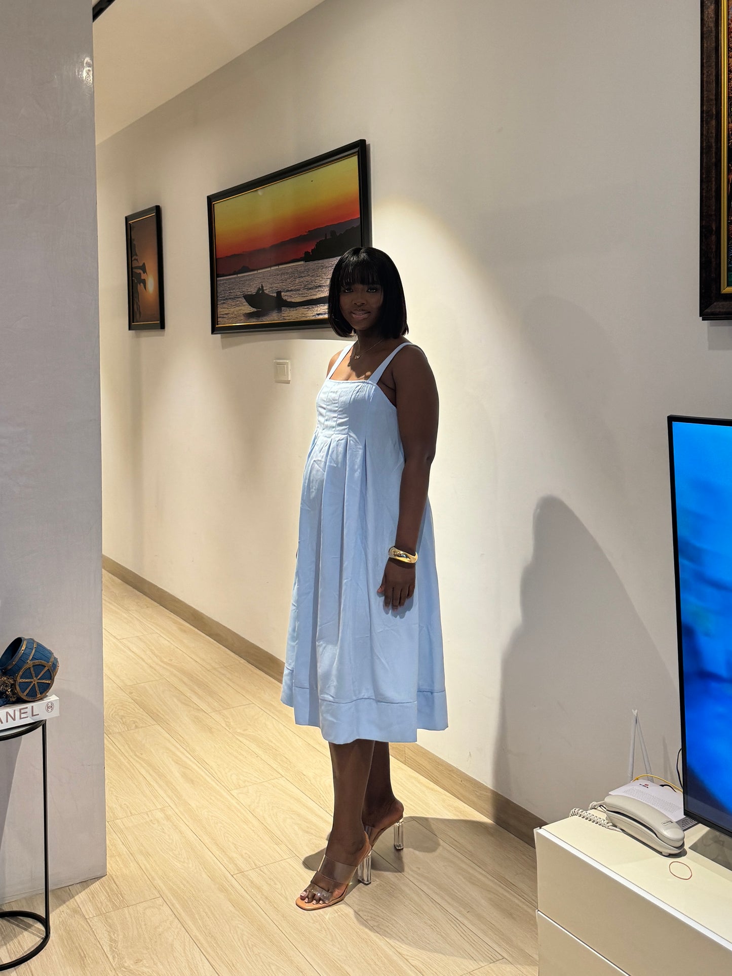 Pleated Bust Spaghetti Strap Maternity Midi Dress
