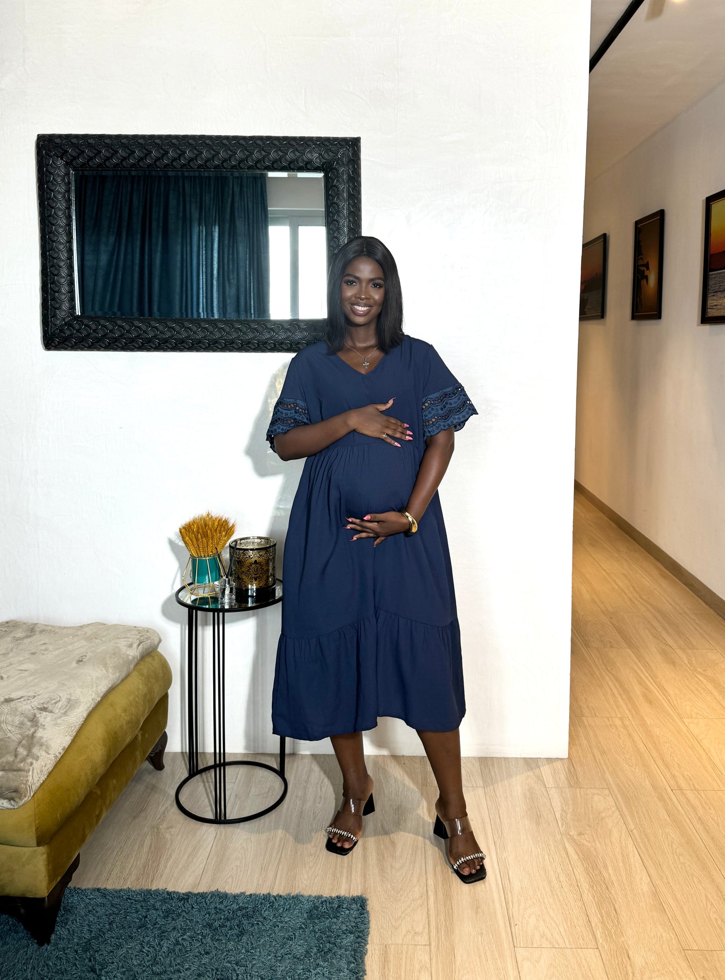 Tiered Maternity Navy Midi Smock Dress