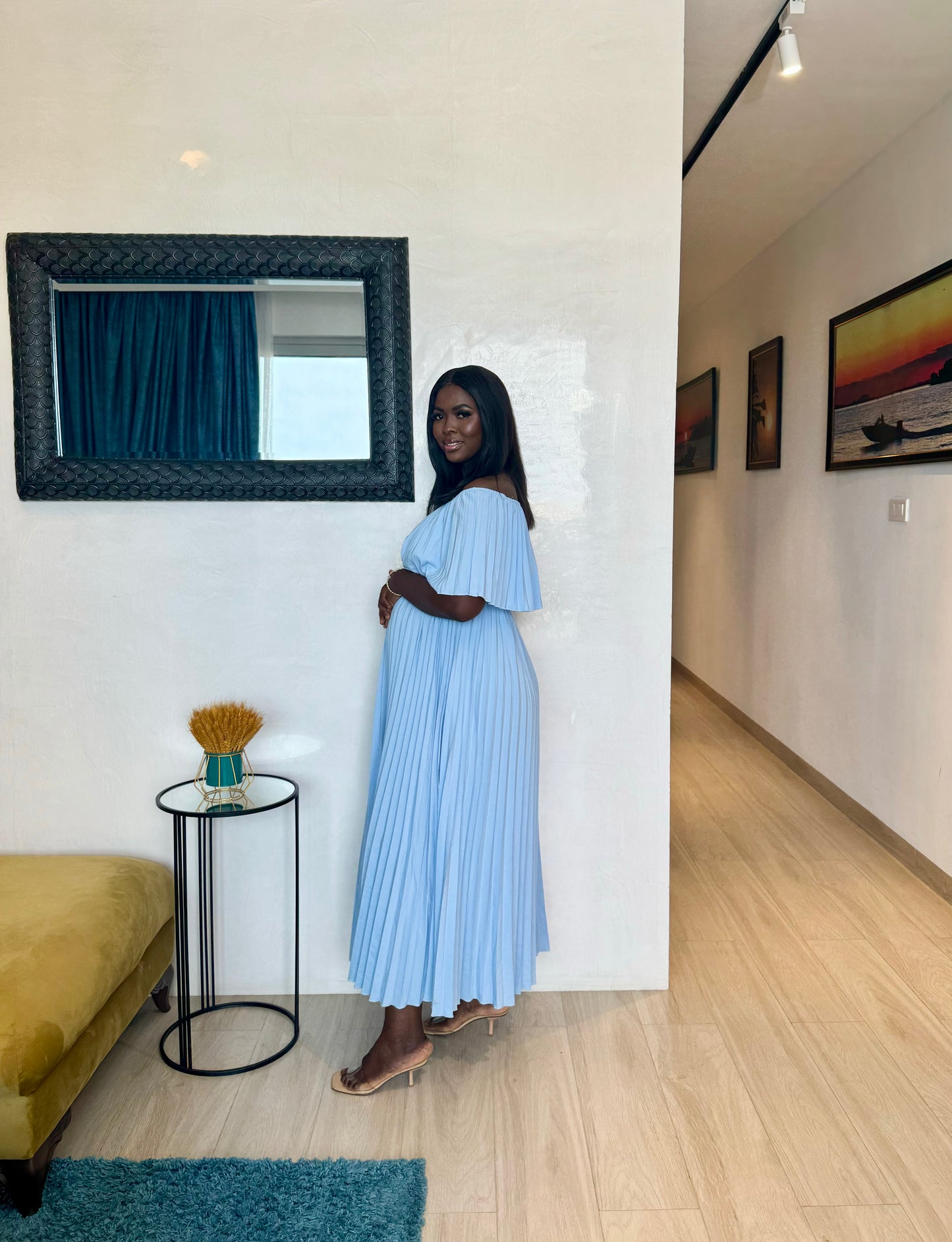 Baby Blue Off Shoulder Pleated Maternity Midi Dress