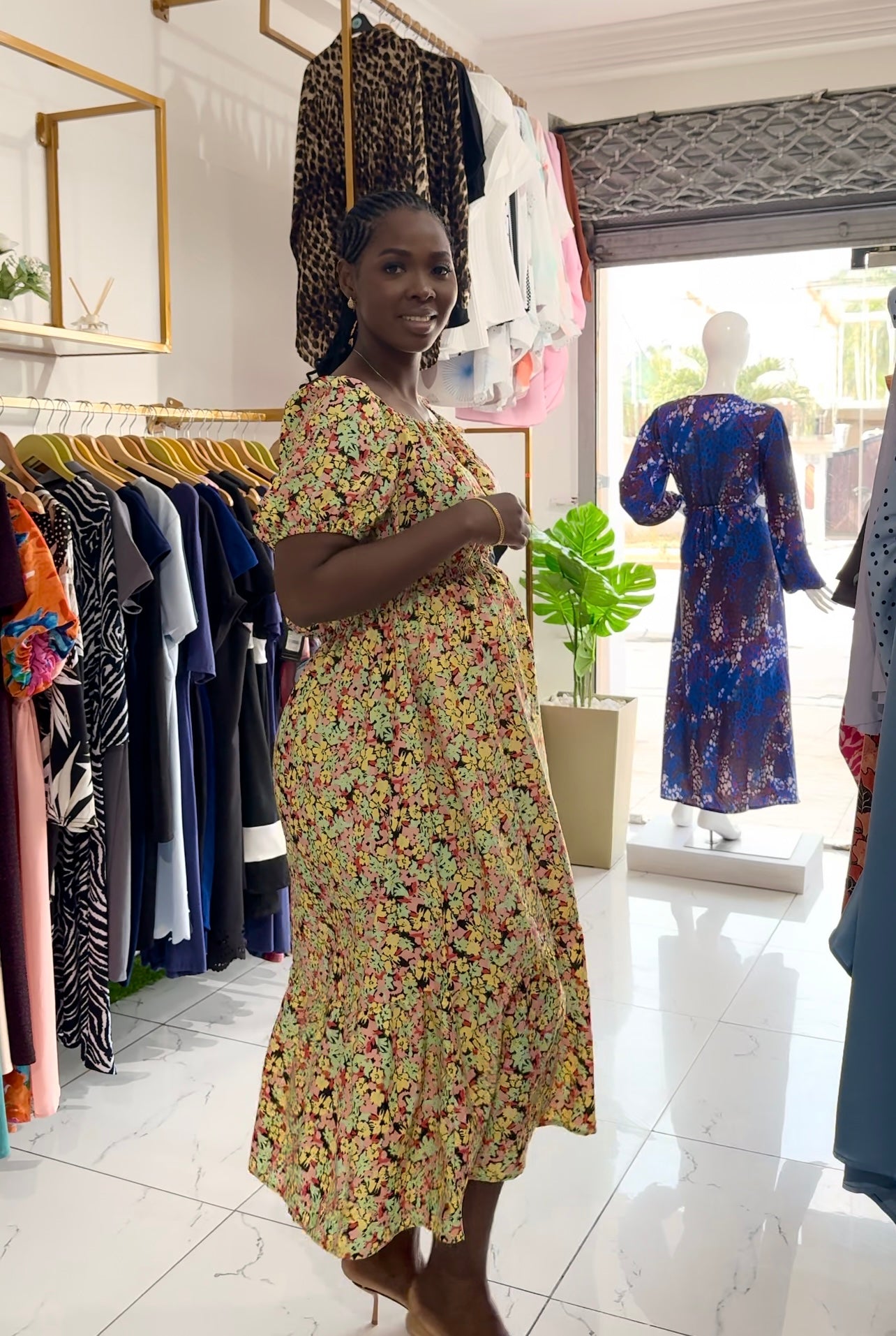 Yellow Floral Elastic Waist Maternity Midi Gathered Dress