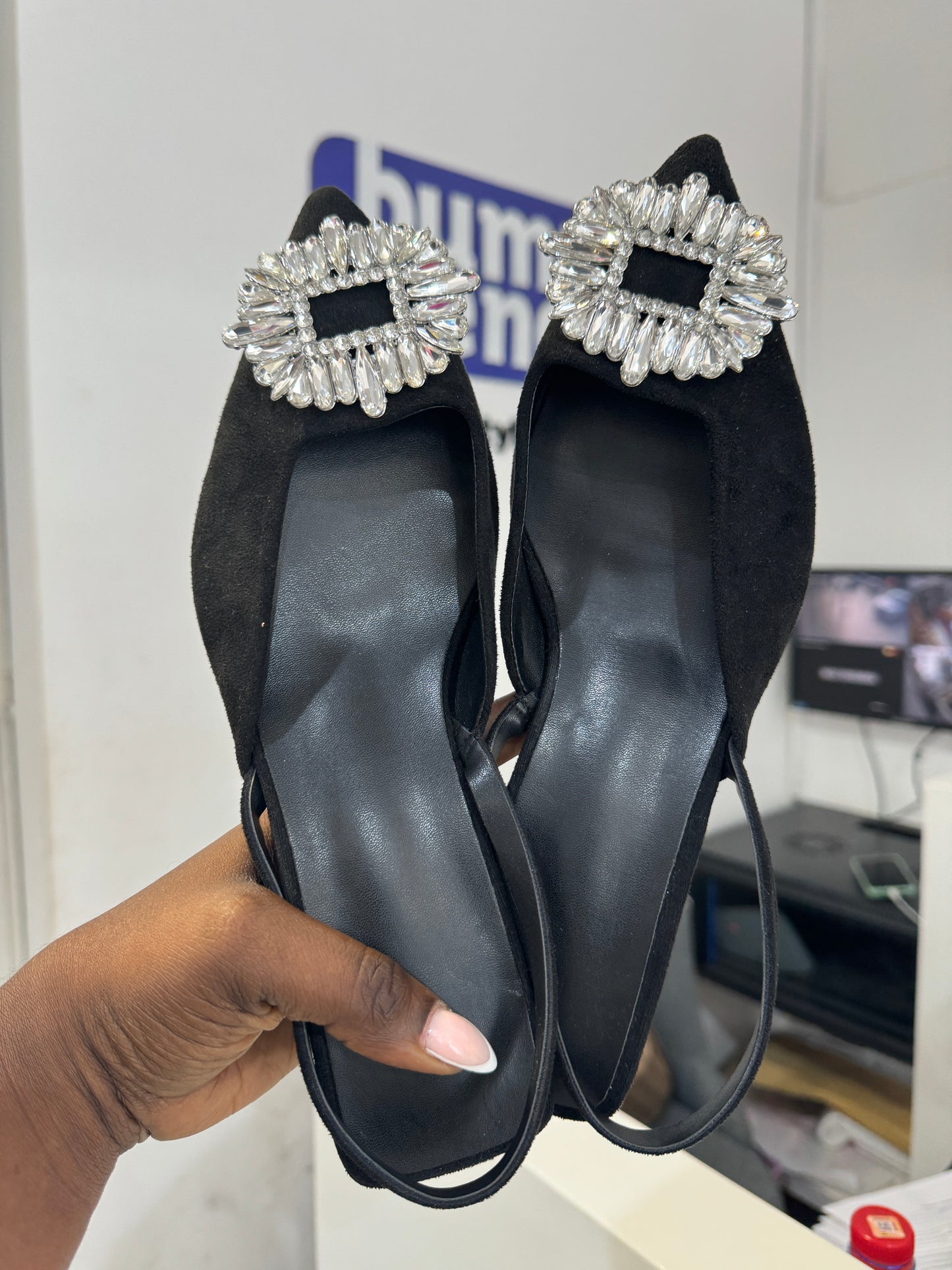 Closed Toe Black Diamante Front Detail Slingback Pumps