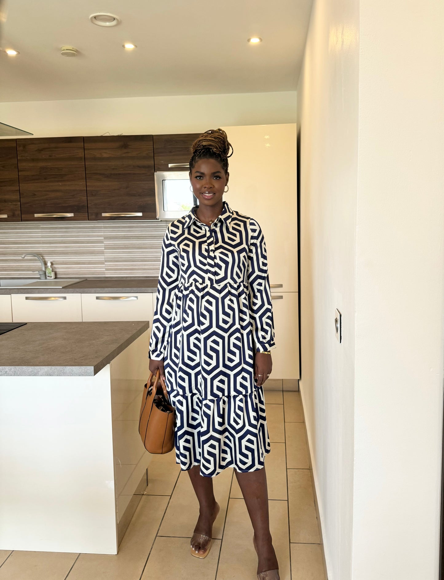 Geometric Print Button Top Maternity/Nursing Smock Dress