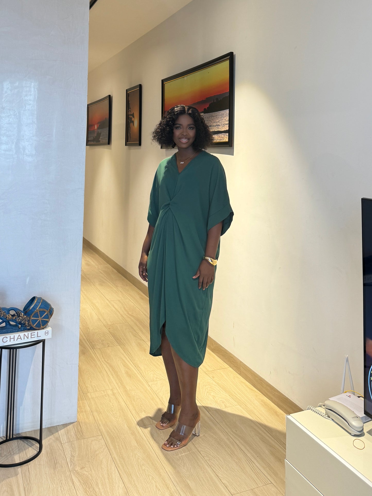 Green Maternity Twist Front Dip Hem Kaftan