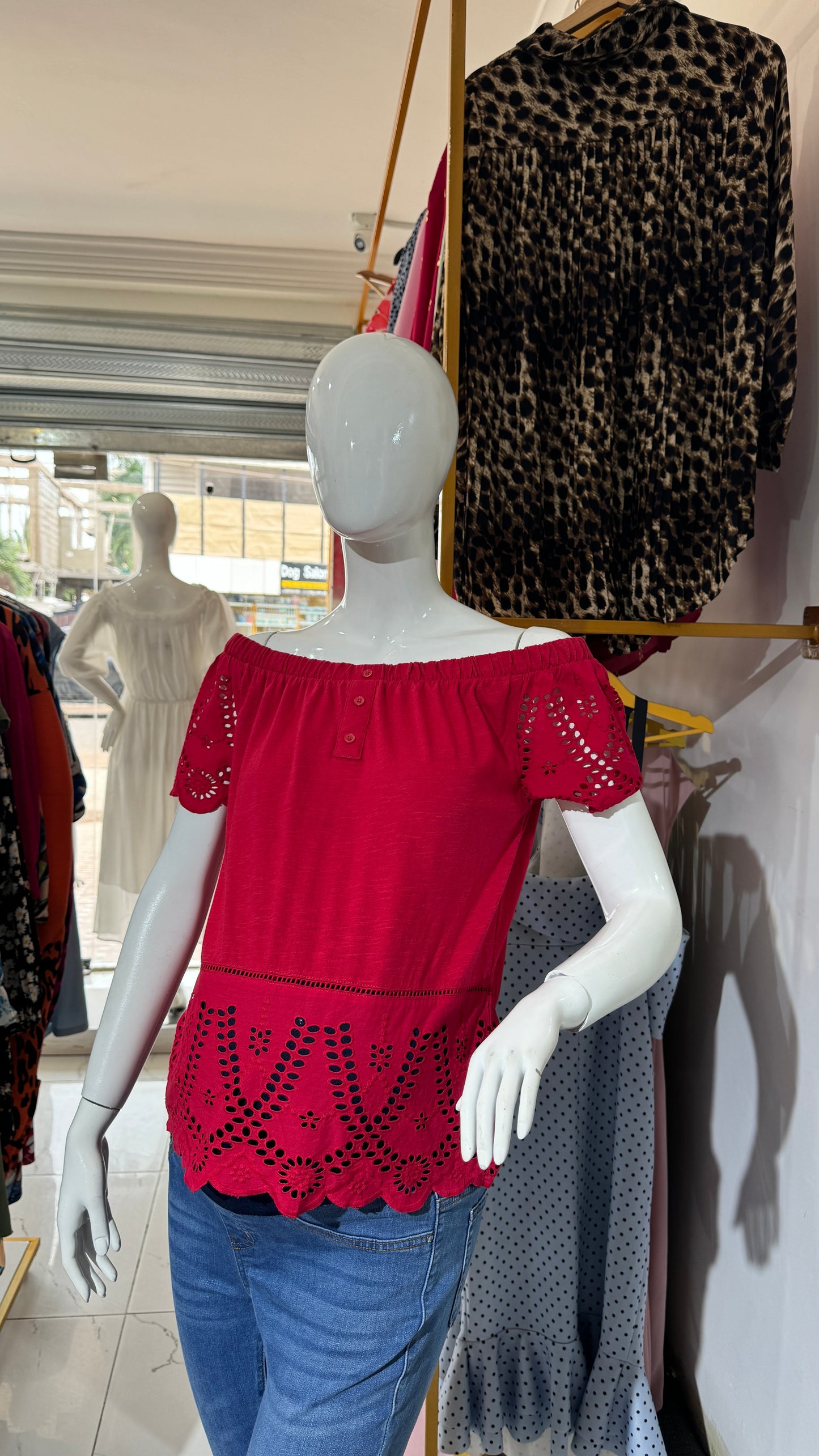 Off Shoulder Embroidered Hem Maternity Red Top