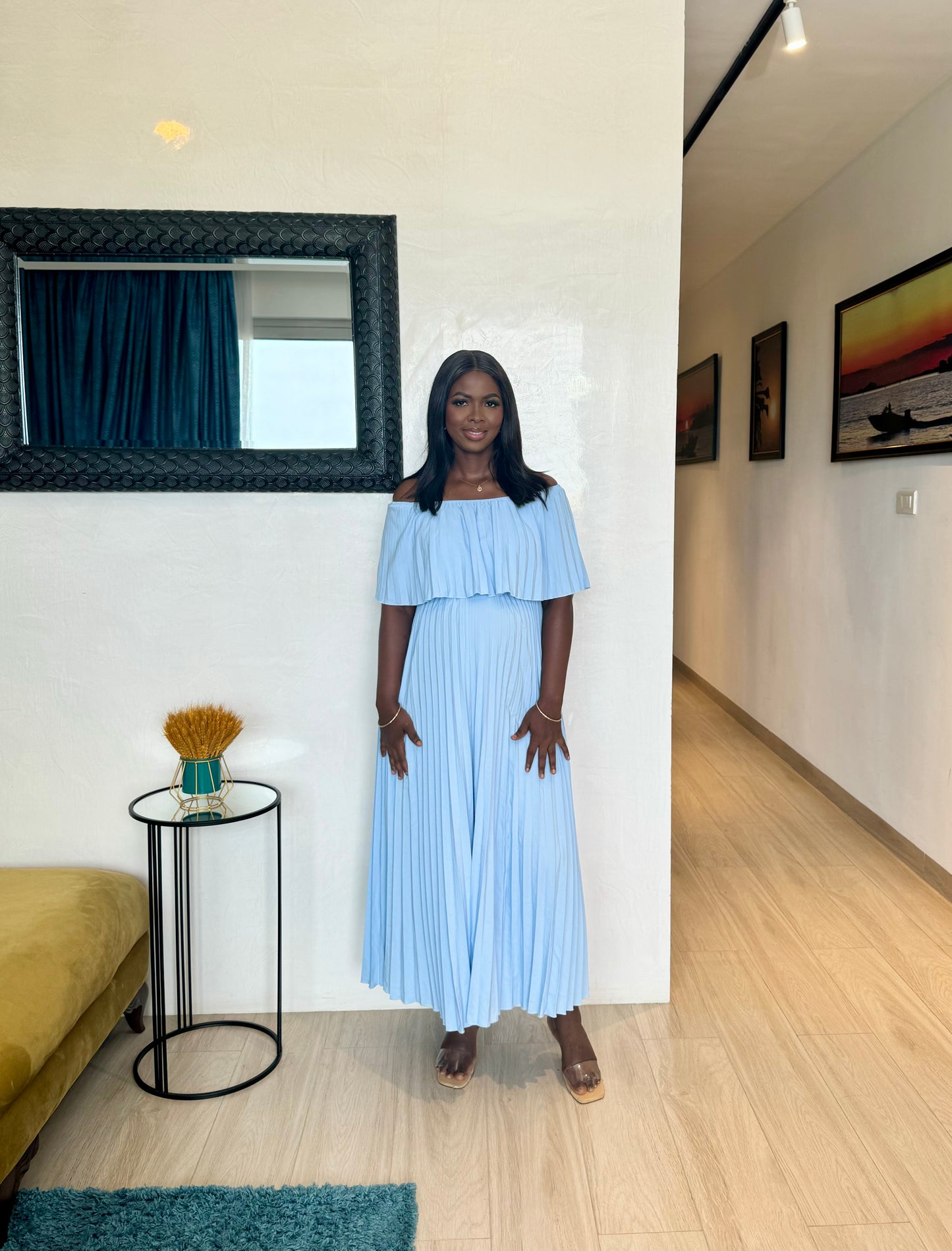 Baby Blue Off Shoulder Pleated Maternity Midi Dress