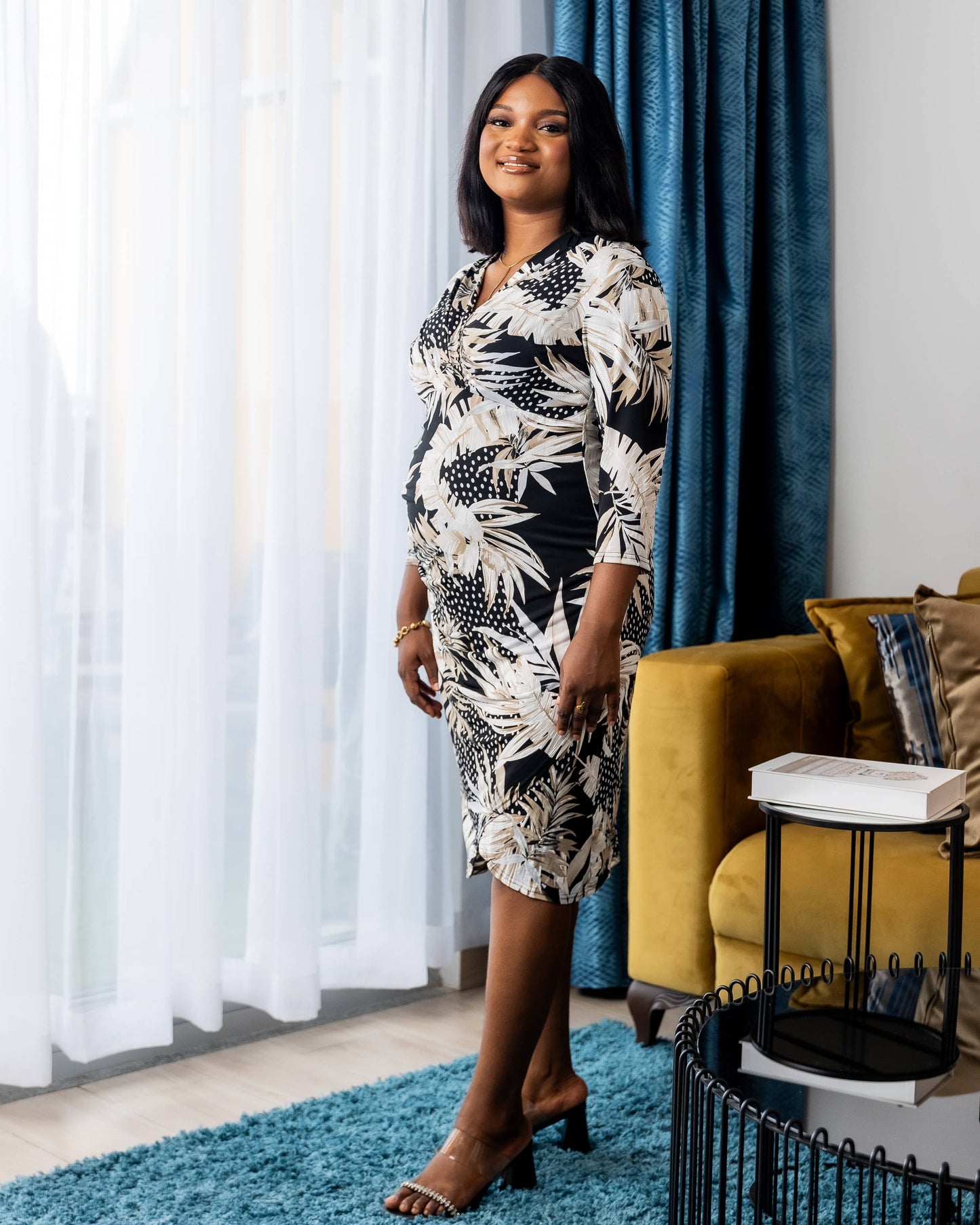 Cream Ruched Side V-Neck Maternity/Nursing Dress