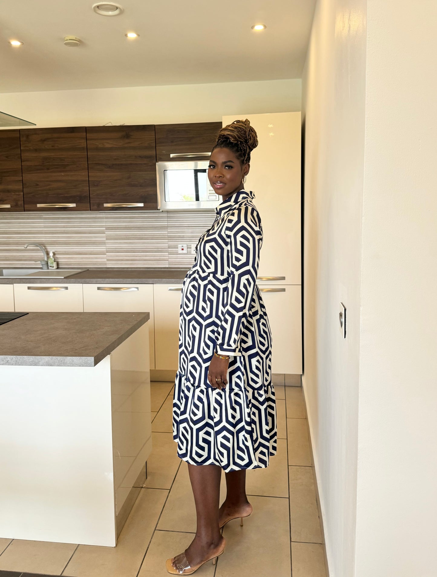 Geometric Print Button Top Maternity/Nursing Smock Dress