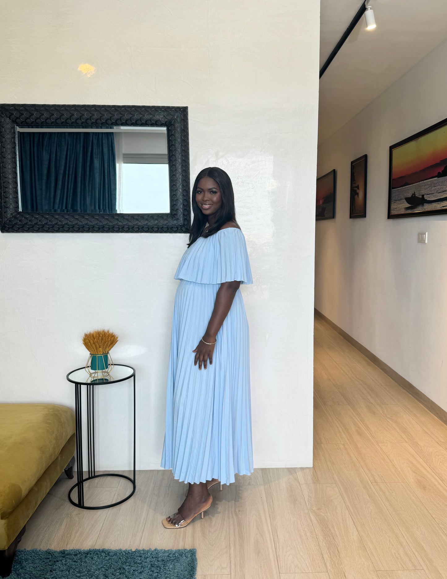 Baby Blue Off Shoulder Pleated Maternity Midi Dress