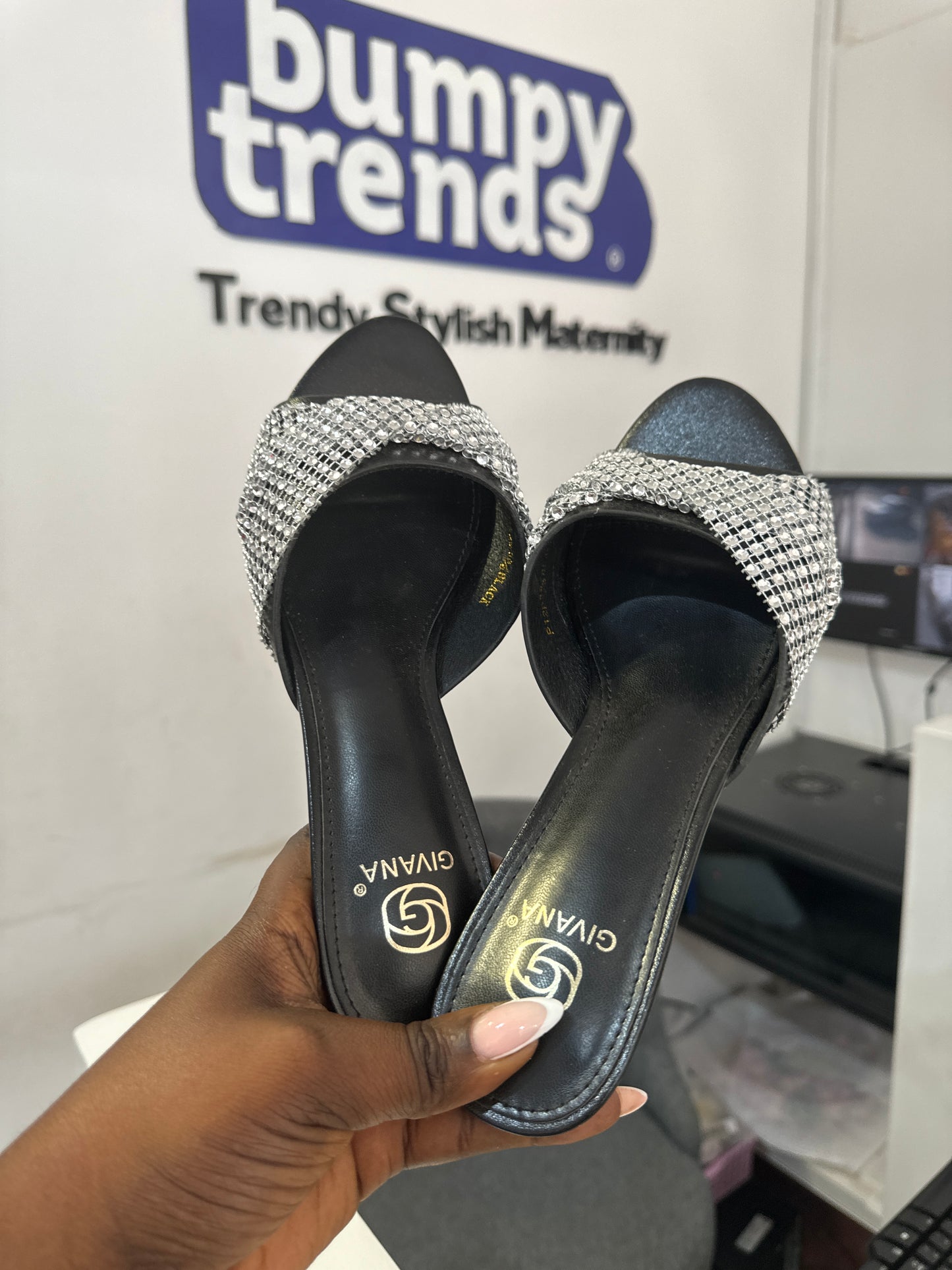 Black Encrusted Front Kitten Slide Mule Heels