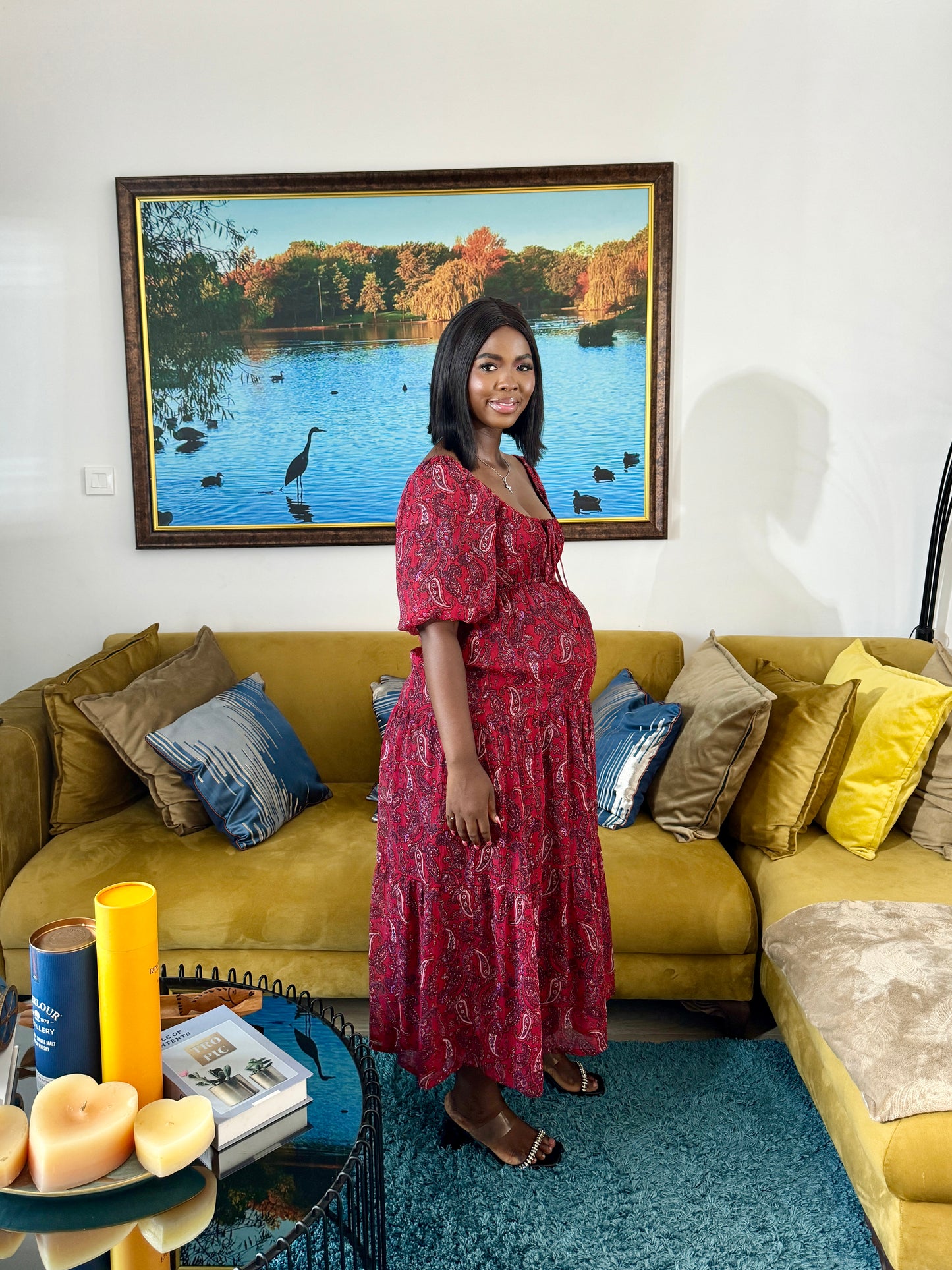 Burgundy Tiered Maternity Midi Dress