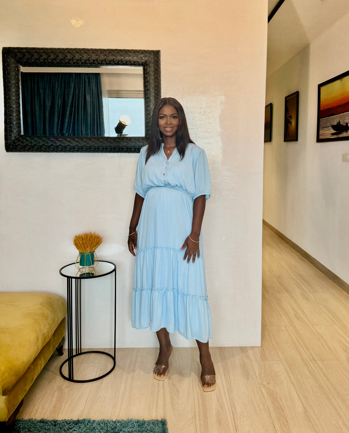Baby Blue Button Top Maternity/Nursing Elastic Waist Midi Dress