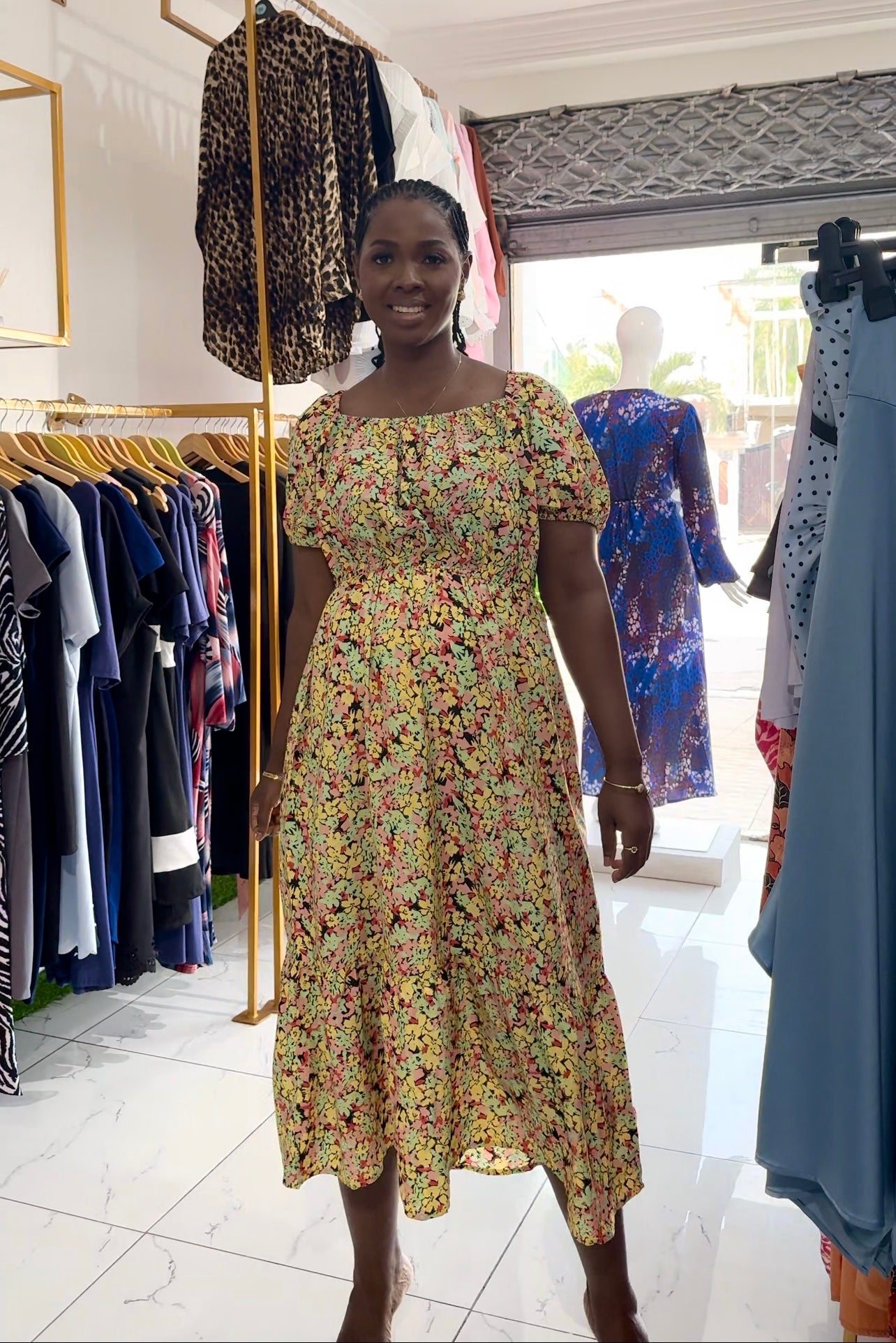 Yellow Floral Elastic Waist Maternity Midi Gathered Dress