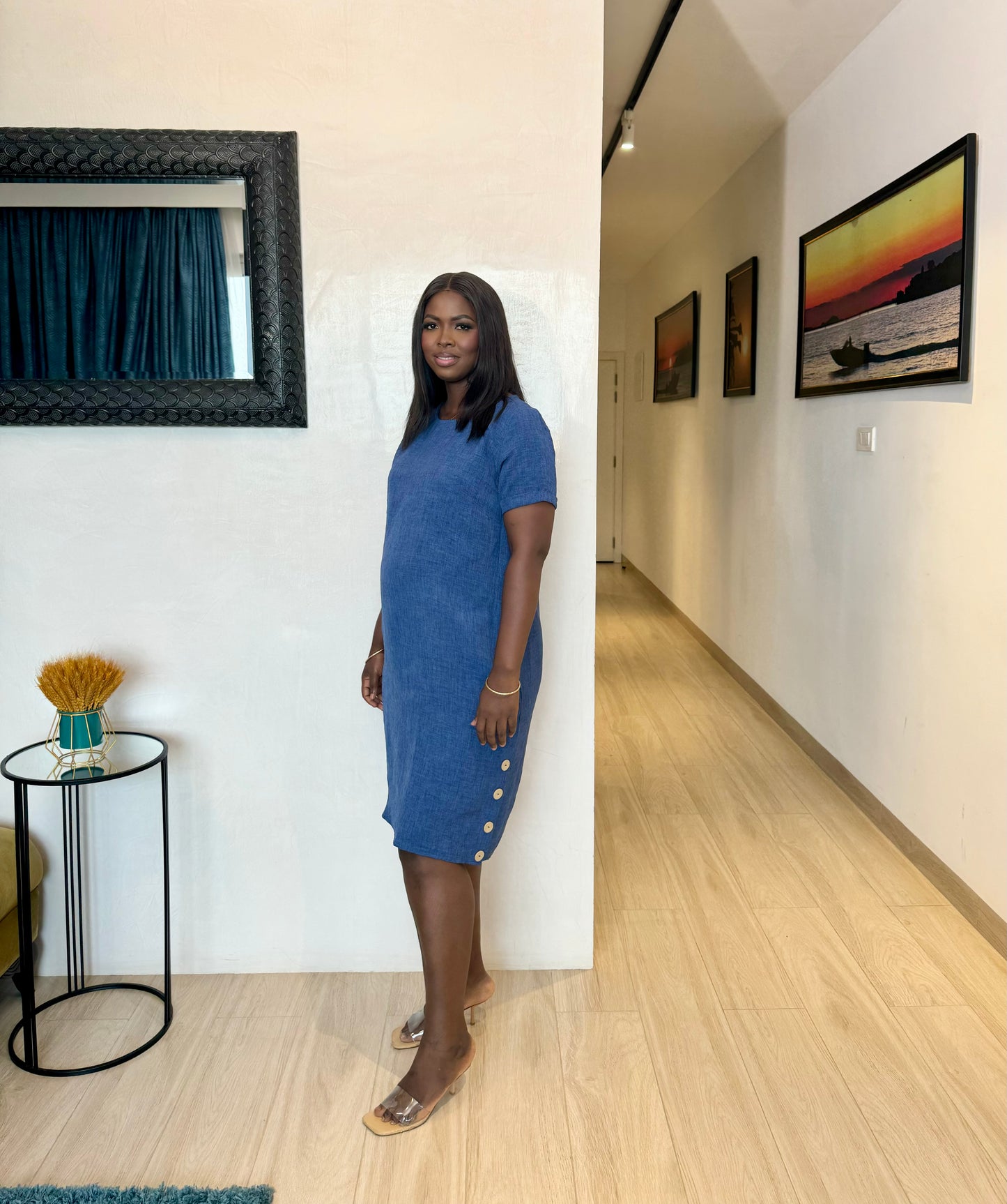Button Hem Maternity Denim Shift Dress