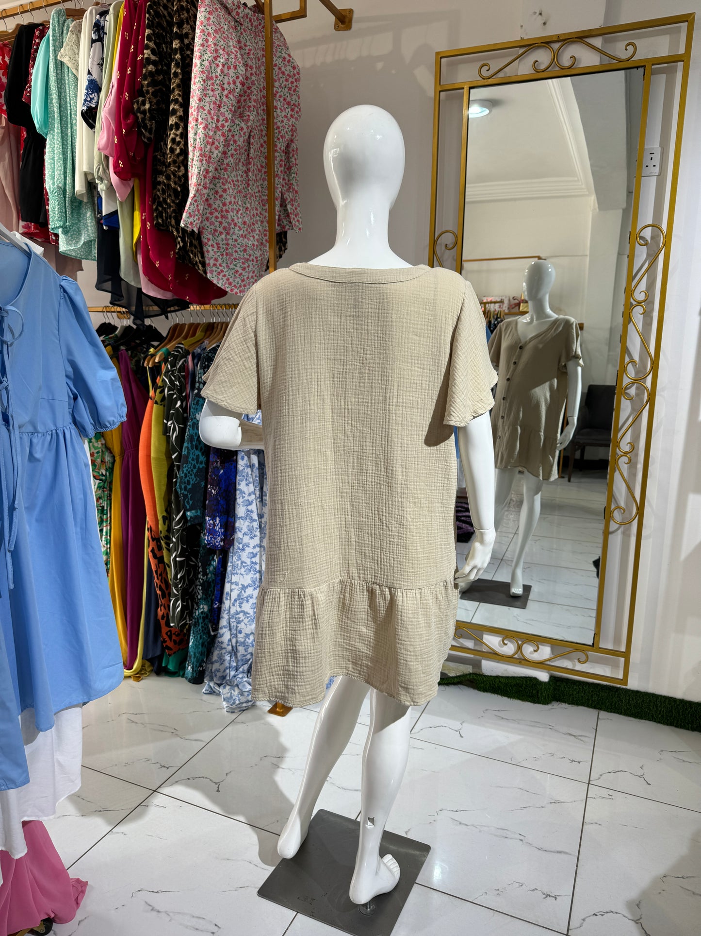Nude V-Neck Button Front Smock Dress