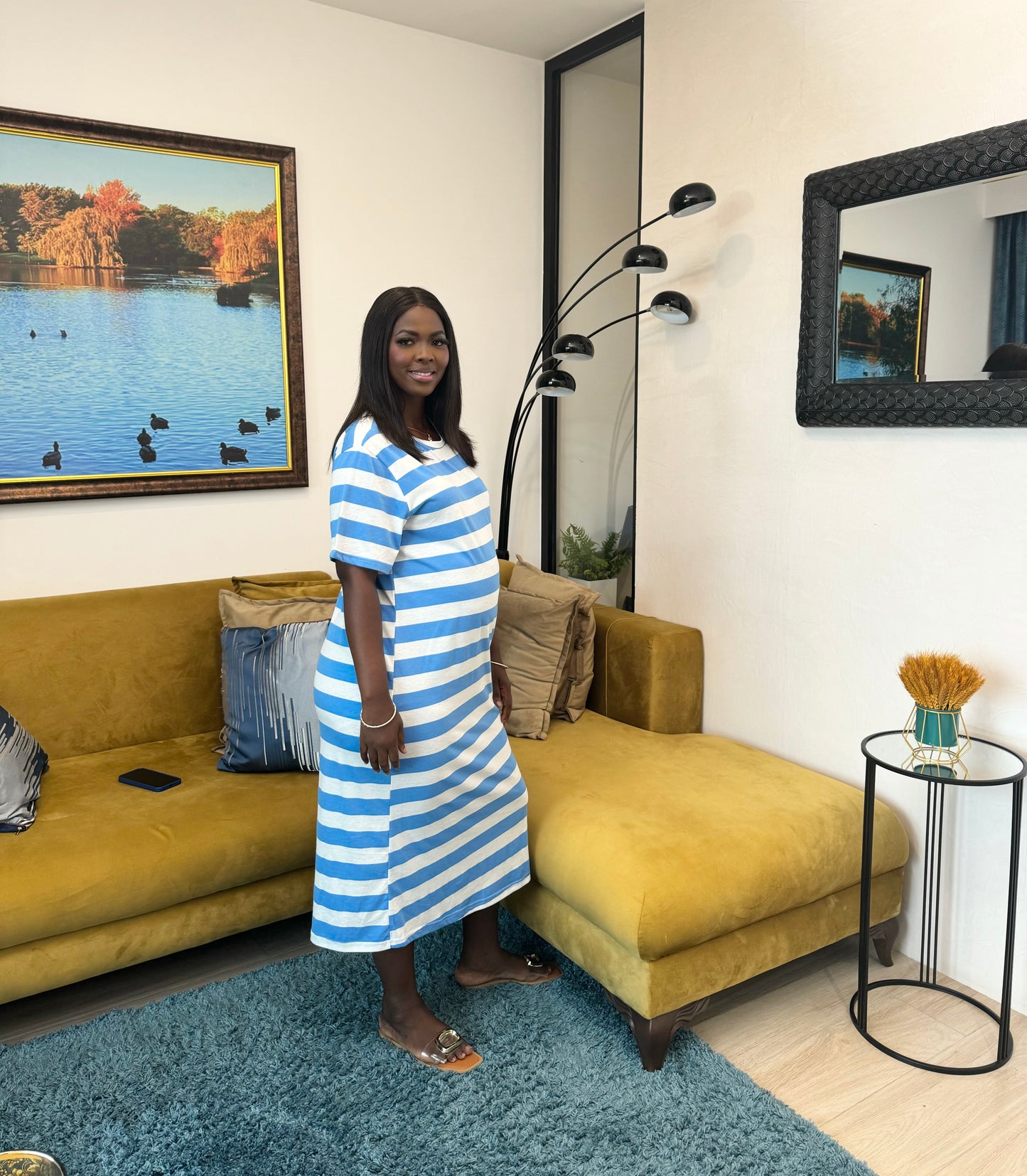 Blue Striped Midi Maternity T-Shirt Dress
