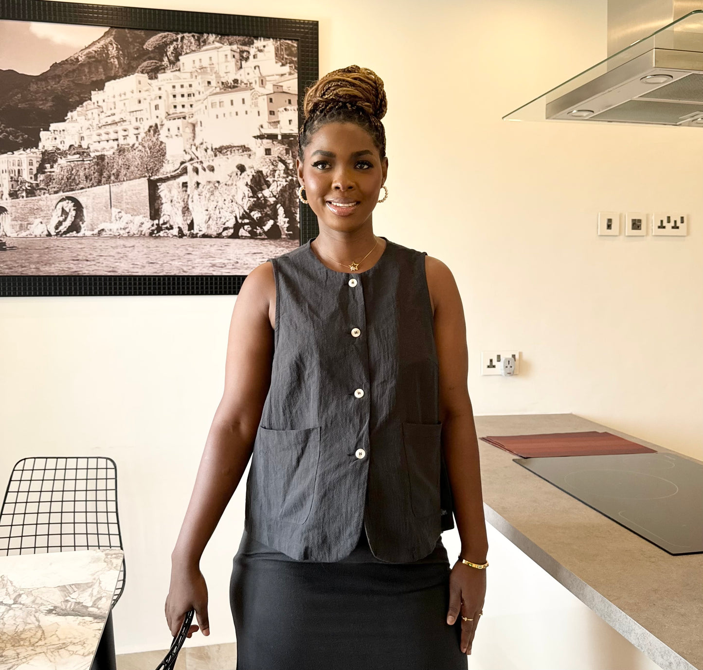 2pc Black Linen Maternity/Nursing Sleeveless Vest and Midi Skirt Set