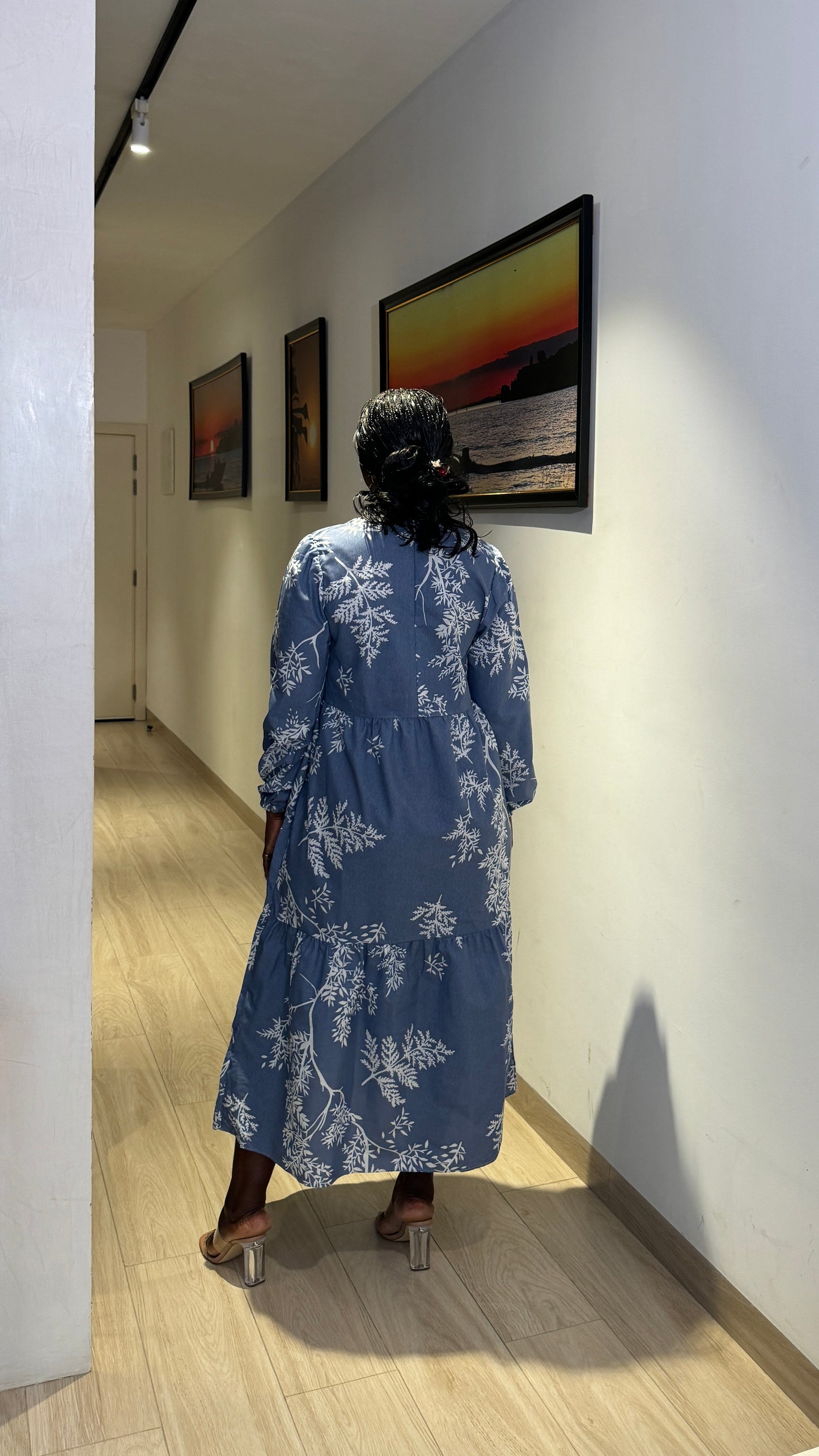 Leaf Print Chambray Tiered Maternity Smock Dress