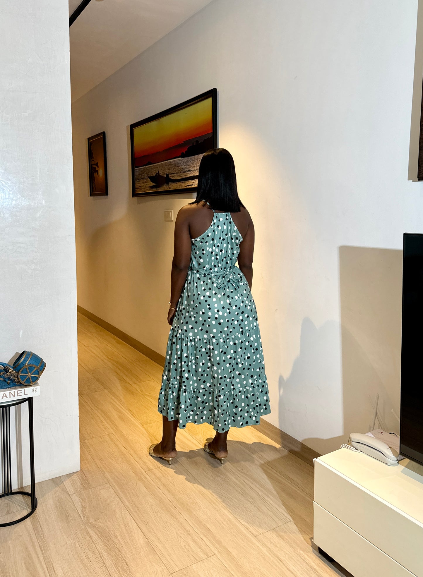 Halterneck Tiered Polka Dot Maternity Green Dress