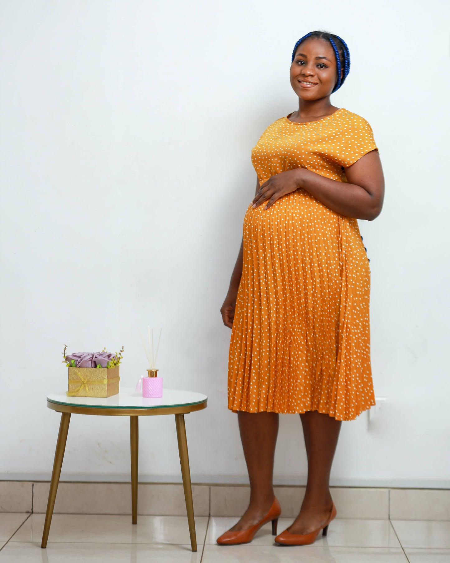 Mustard Yellow Polka Dot Pleated Belted Maternity Dress