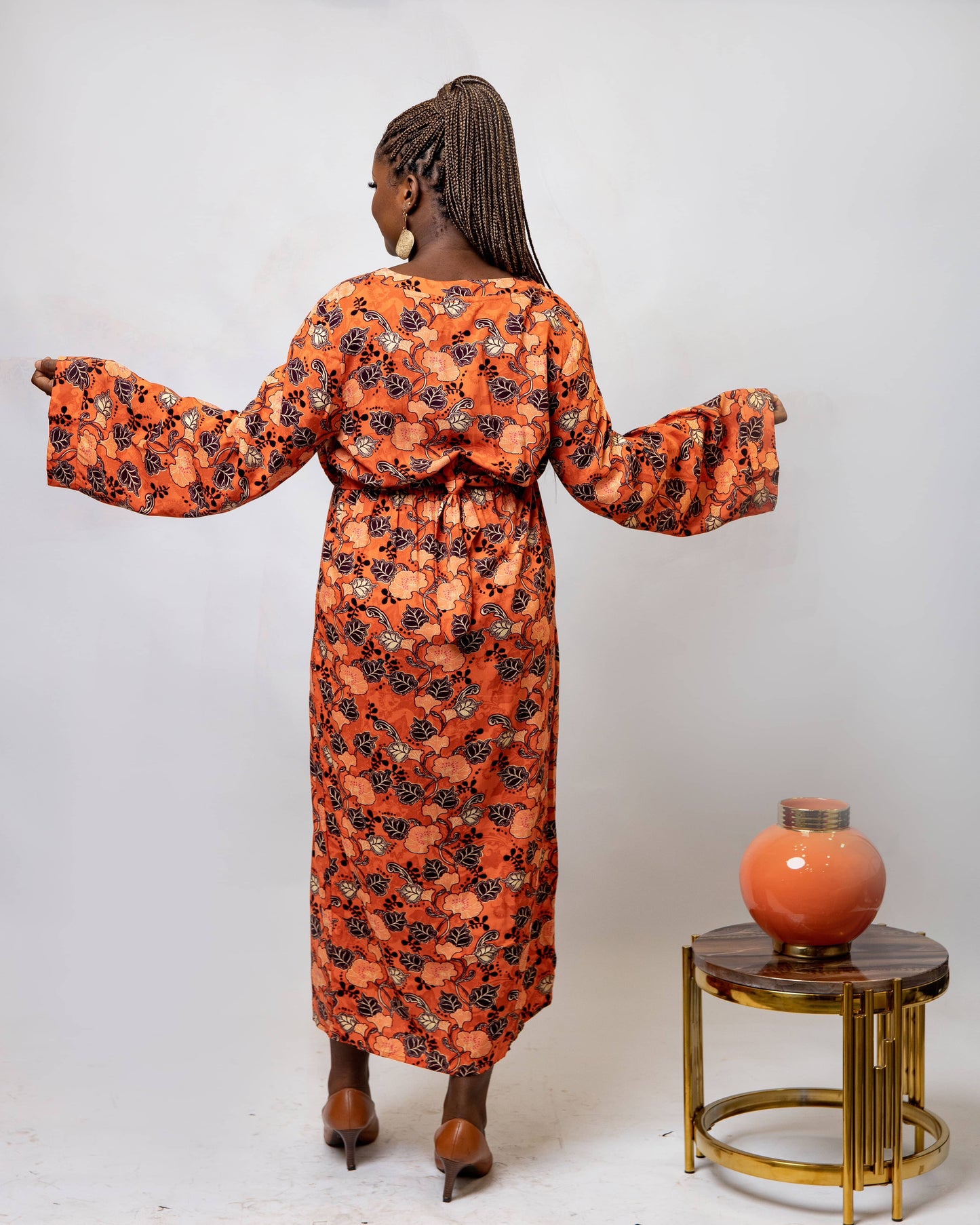 Orange Floral Flair Sleeve Maternity/Nursing Dress