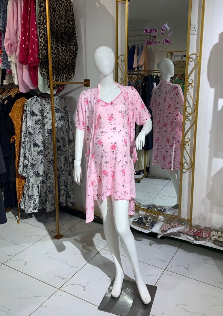 2 in 1 Pink “Flower Print” Nursing Nightgown and Robe Belted Set.