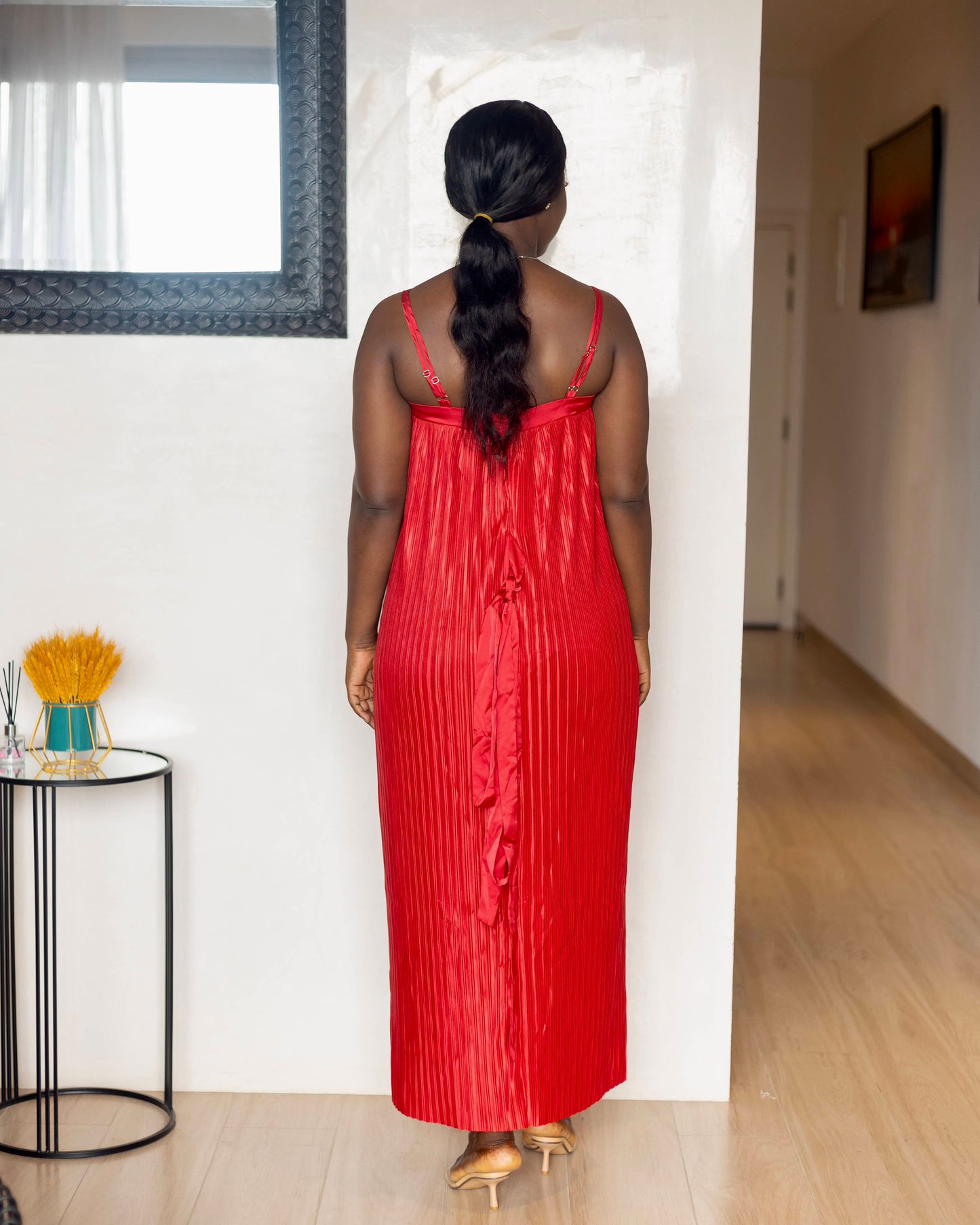 Red Pleated Maternity Maxi Dress