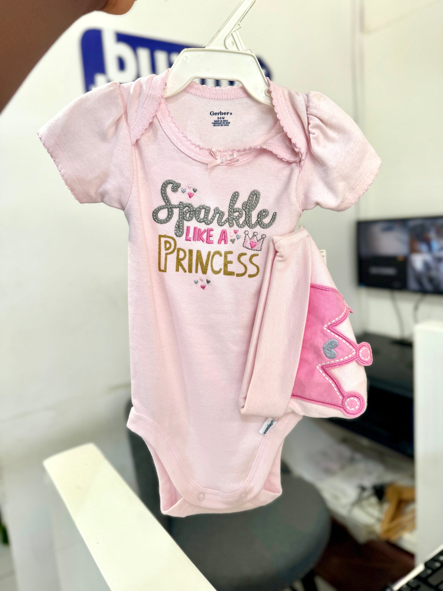 Pink “Sparkle Like A Princess” Bodysuit and Hat Set