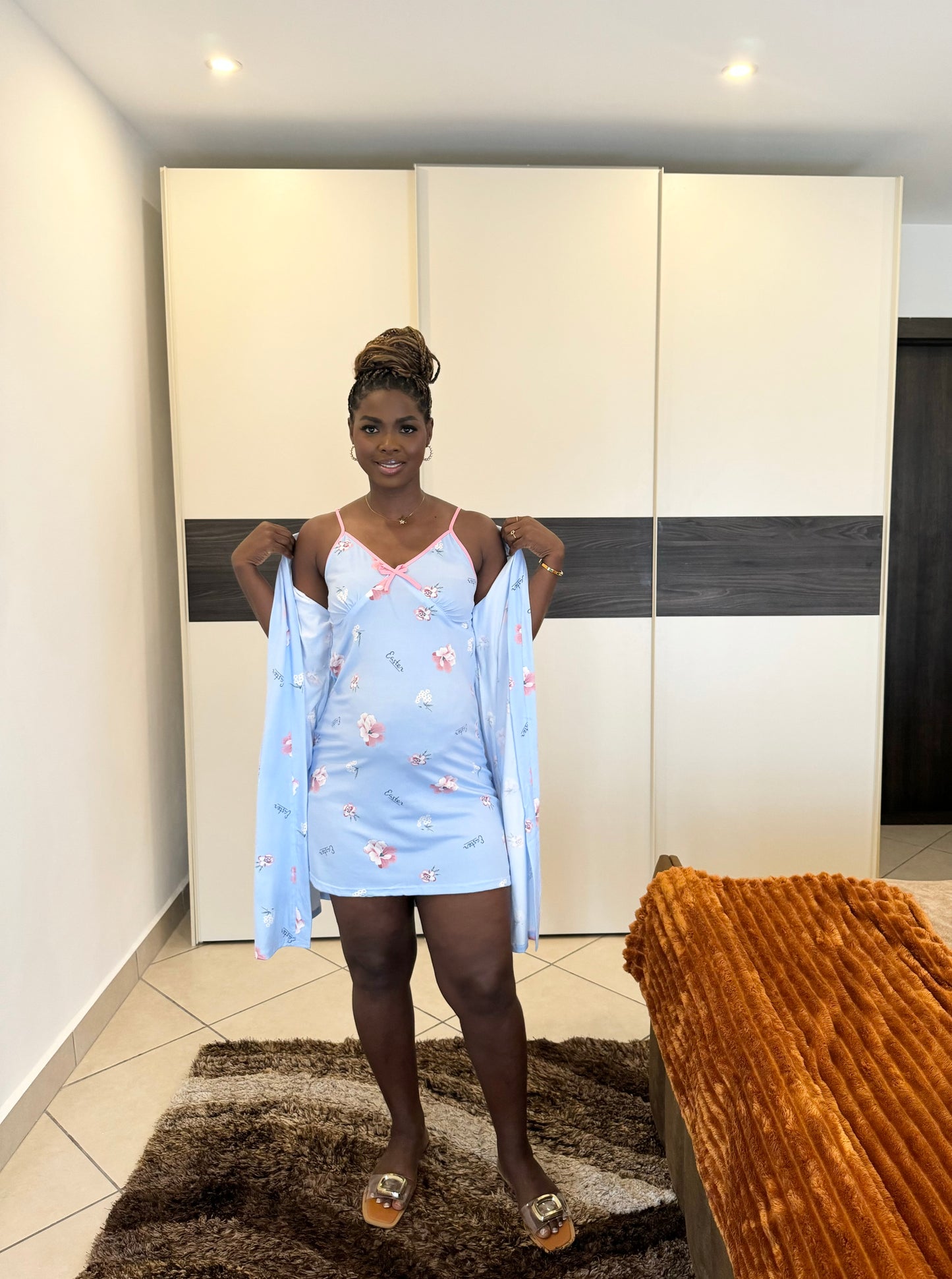 2 in 1 Blue “Easter Print” Nursing Nightgown and Robe Belted Set.