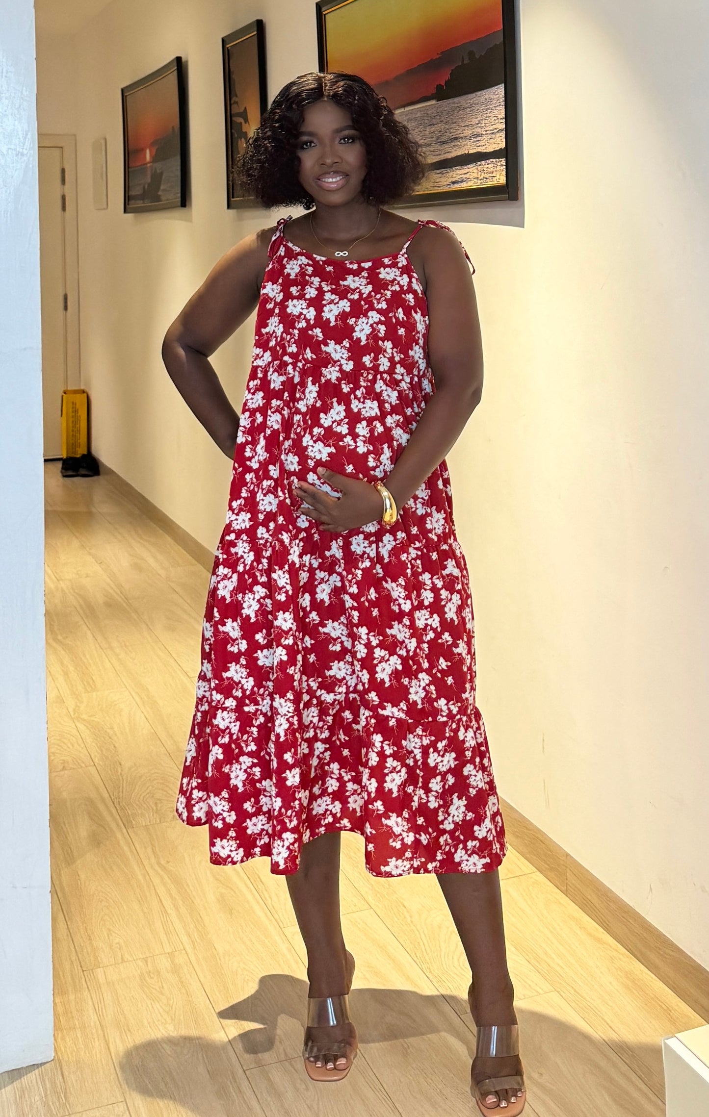 Adjustable Strap Maternity Midi Smock Dress