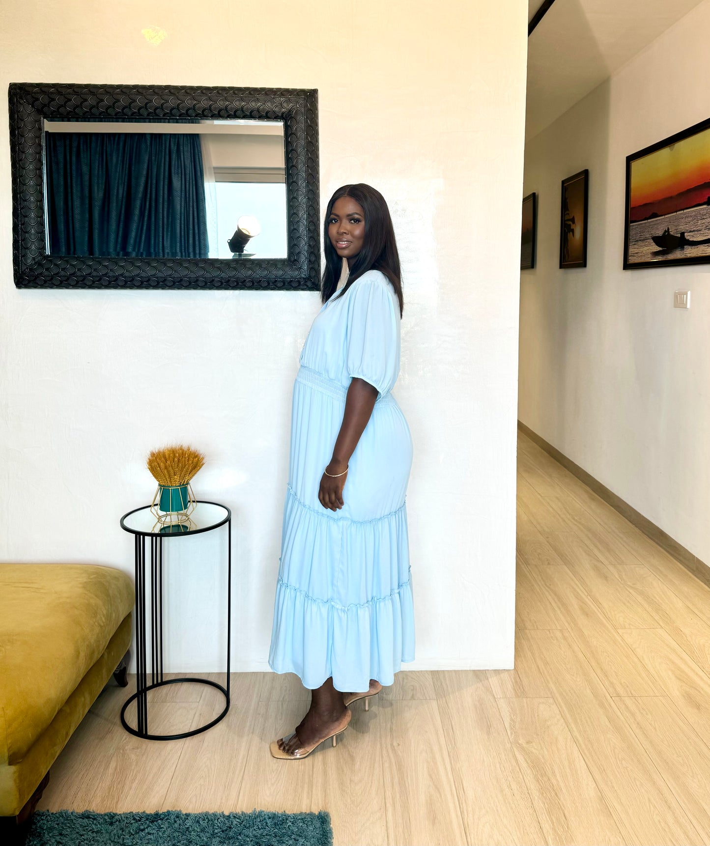 Baby Blue Button Top Maternity/Nursing Elastic Waist Midi Dress