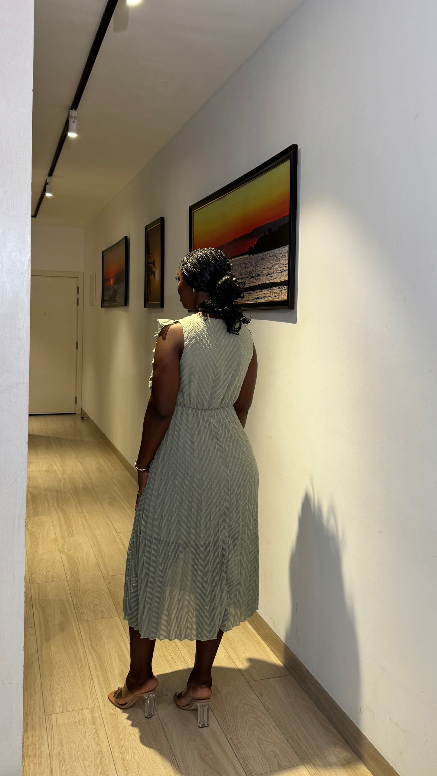 Green Allover Pleated Frill Bust Dress