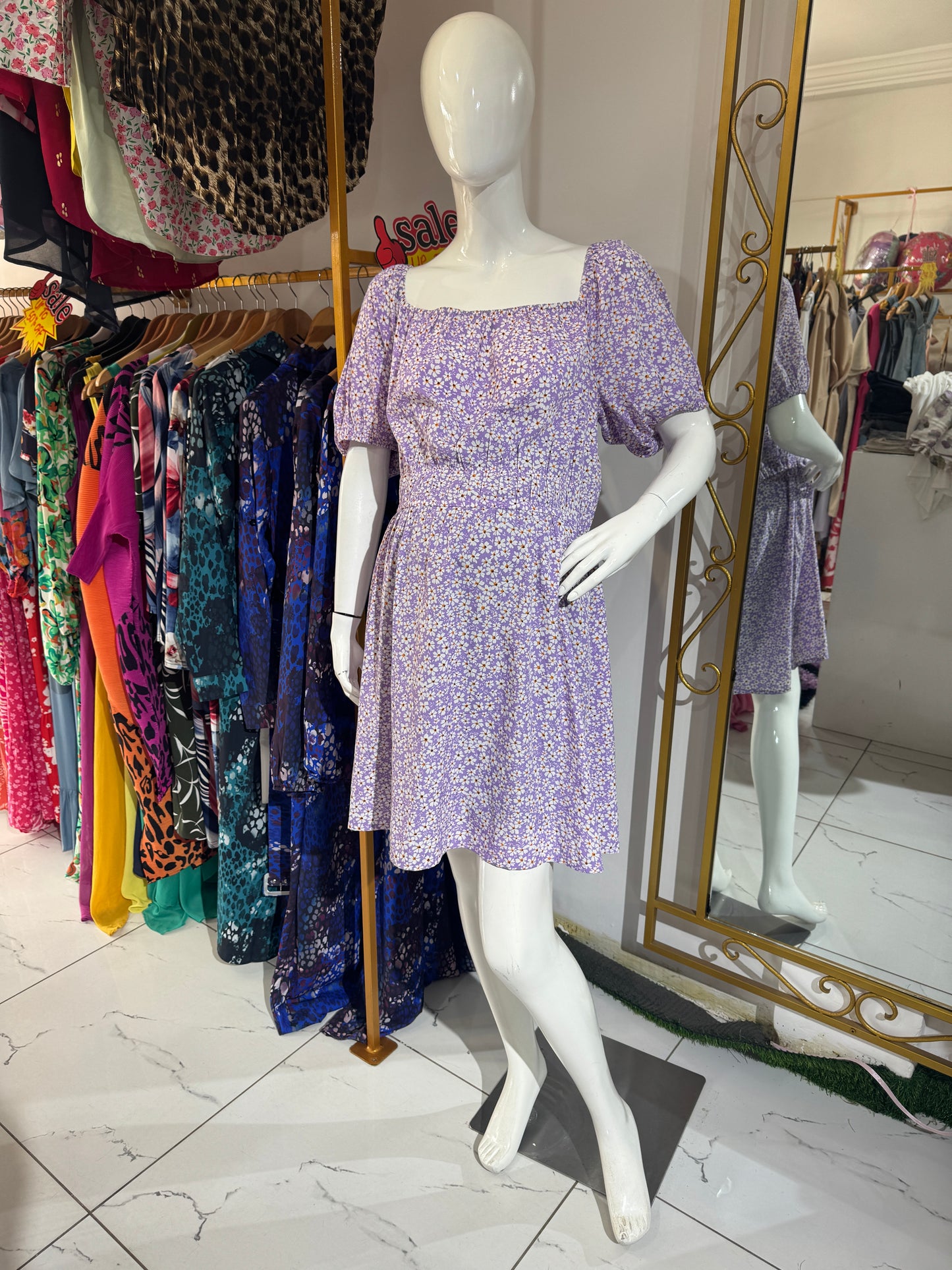 Lilac Floral Elastic Waist Maternity Dress