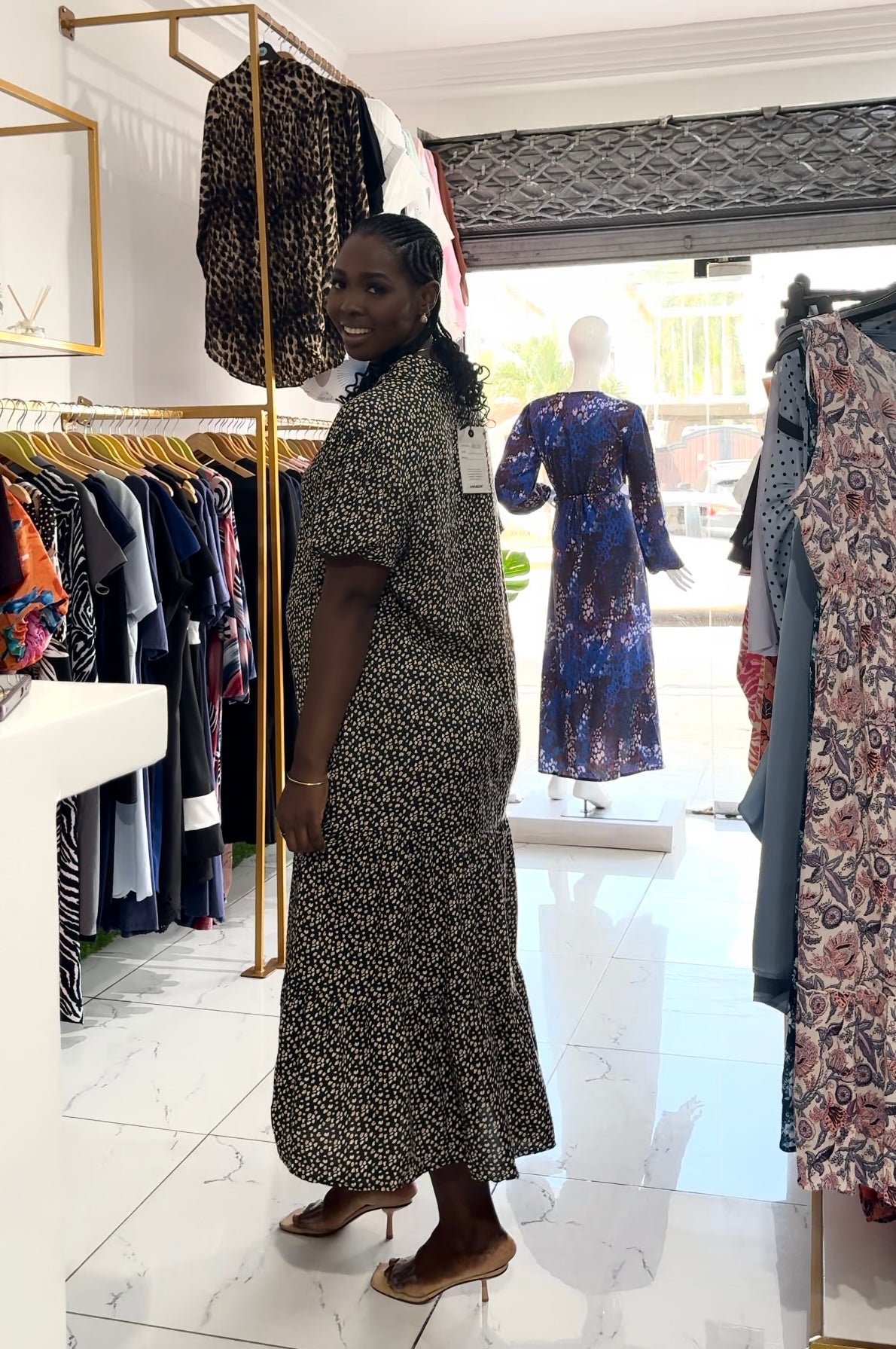 Maternity Collared Black Print Midi Smock Dress